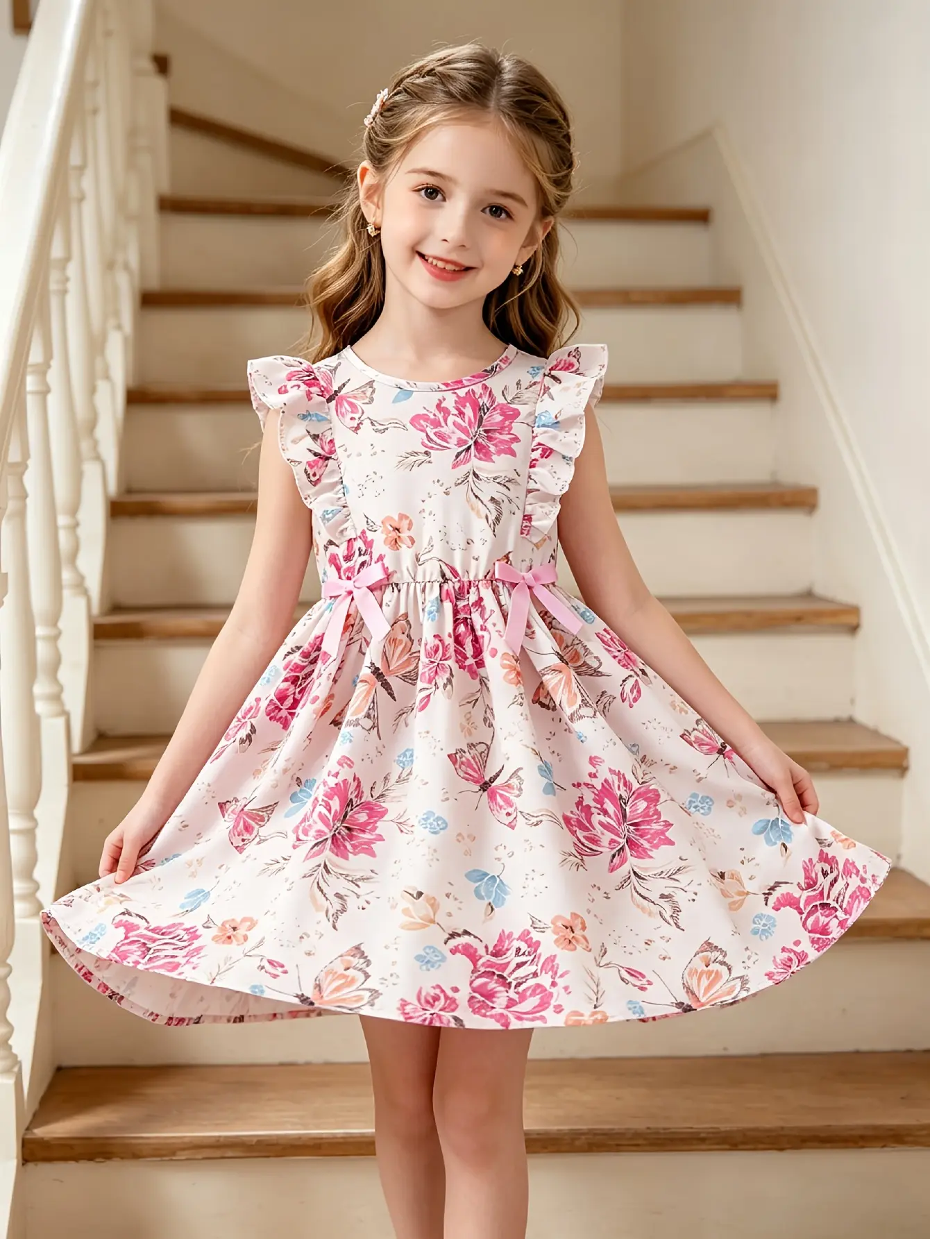 Detail 9 of Girls Floral Print Flutter Sleeve Party Dress by LUNORIANA