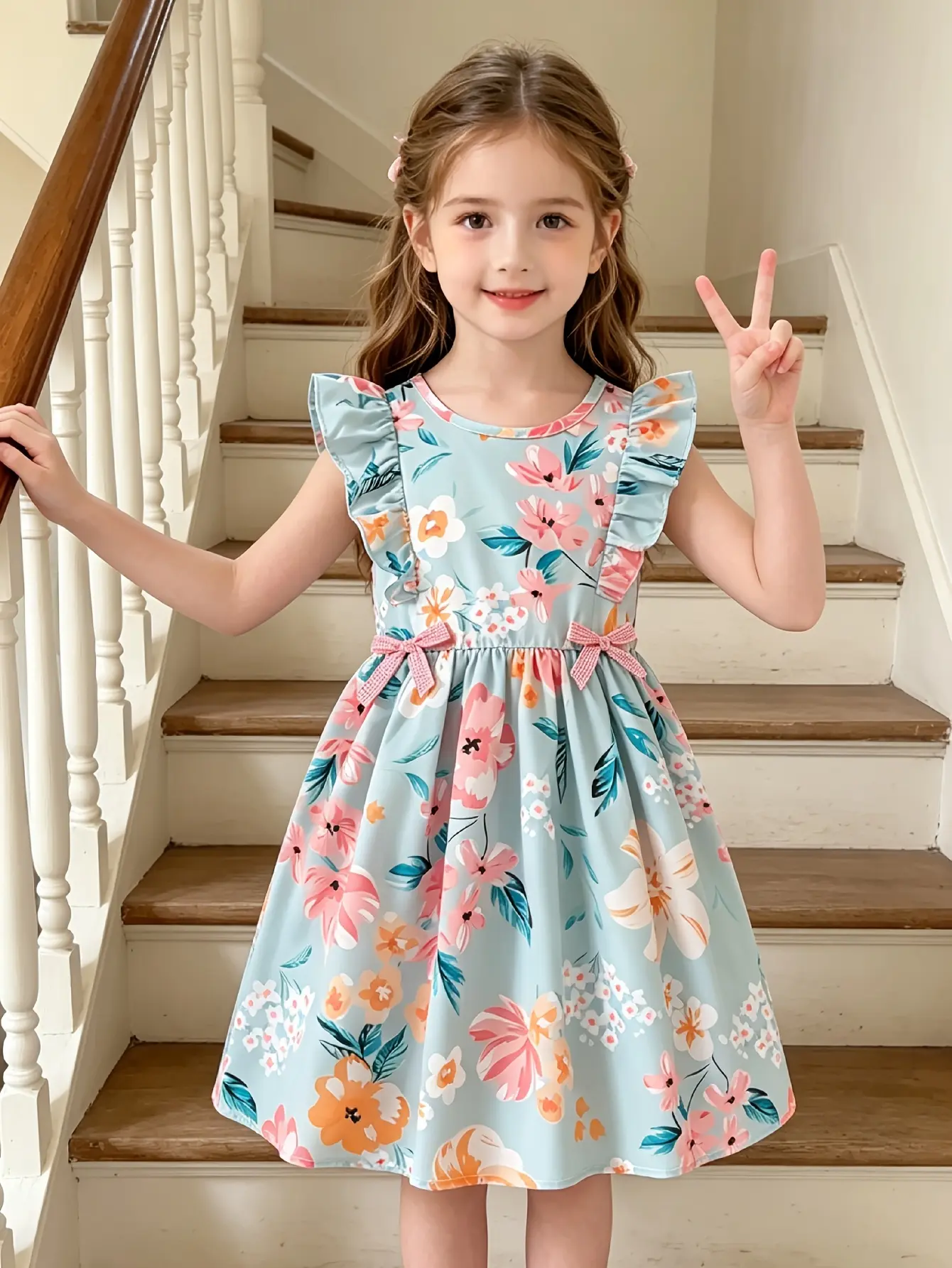Detail 6 of Girls Floral Print Flutter Sleeve Party Dress by LUNORIANA