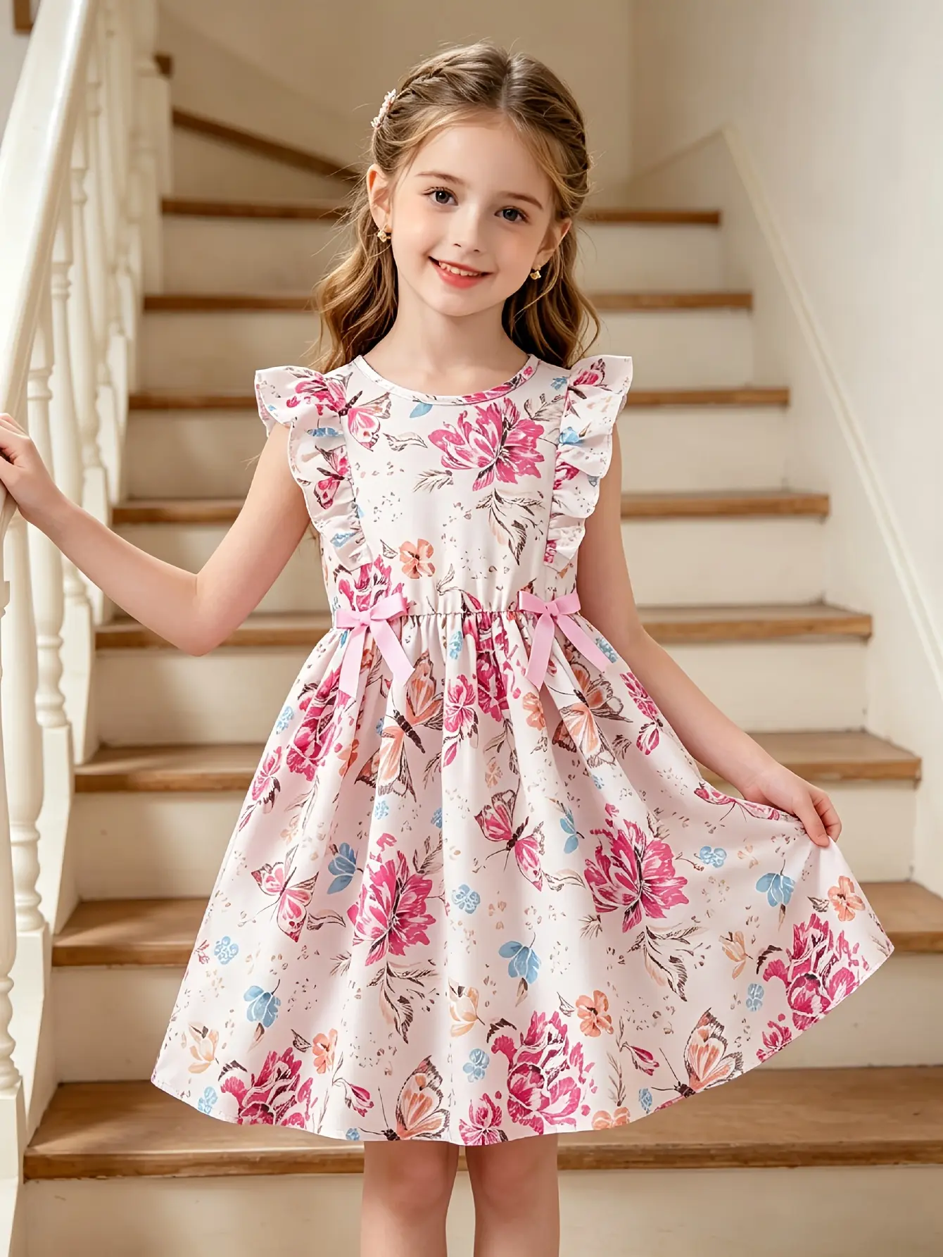 Detail 8 of Girls Floral Print Flutter Sleeve Party Dress by LUNORIANA
