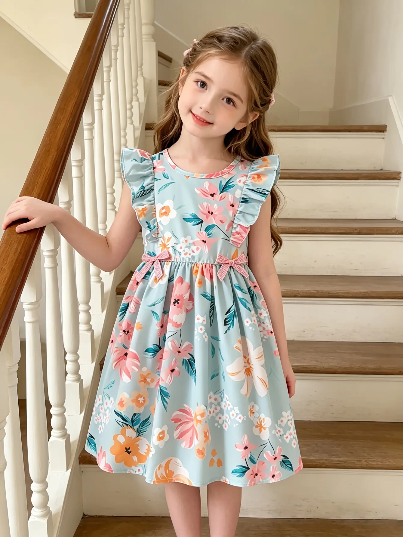 Detail 3 of Girls Floral Print Flutter Sleeve Party Dress by LUNORIANA
