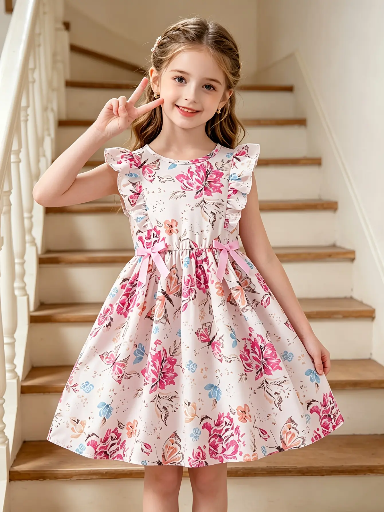 Detail 11 of Girls Floral Print Flutter Sleeve Party Dress by LUNORIANA