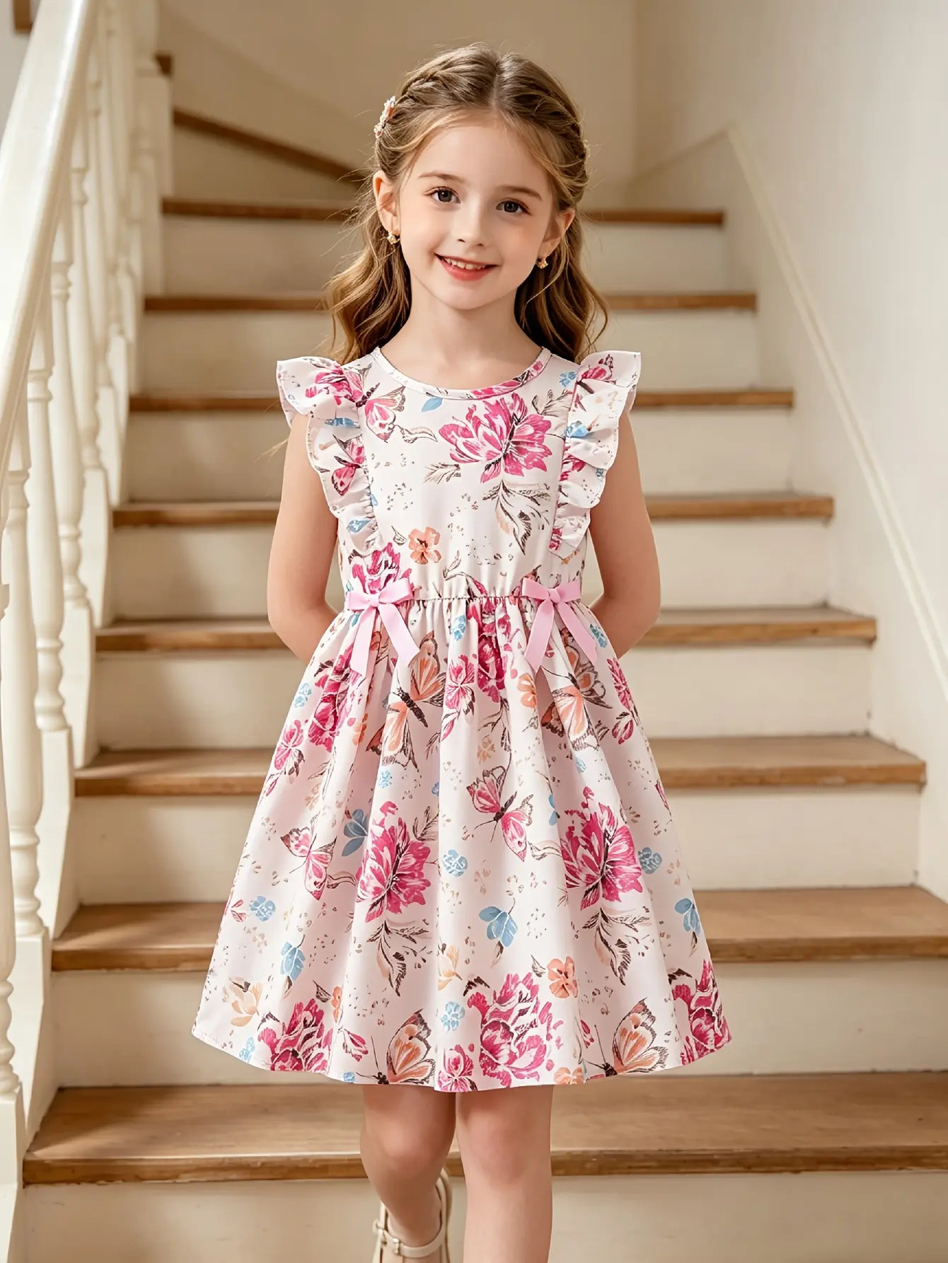 Detail 10 of Girls Floral Print Flutter Sleeve Party Dress by LUNORIANA