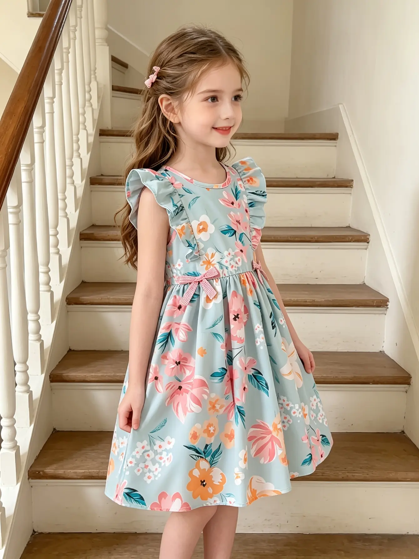 Detail 2 of Girls Floral Print Flutter Sleeve Party Dress by LUNORIANA