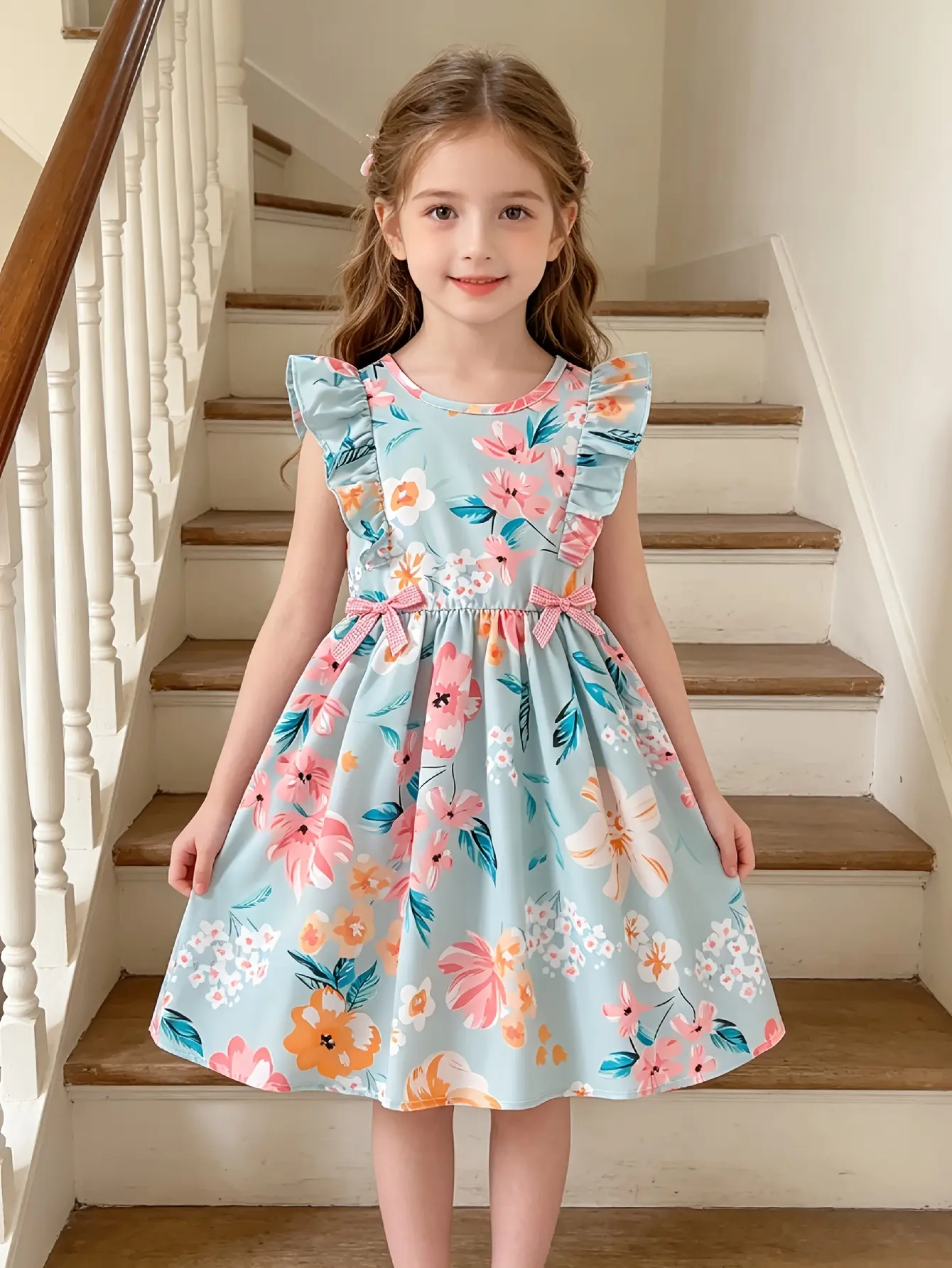 Detail 4 of Girls Floral Print Flutter Sleeve Party Dress by LUNORIANA