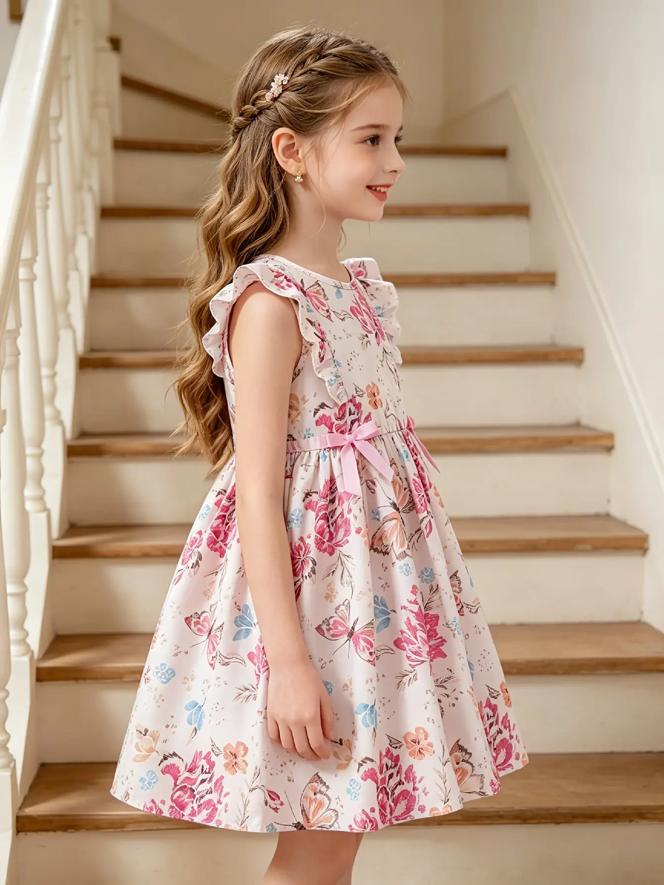 Detail 7 of Girls Floral Print Flutter Sleeve Party Dress by LUNORIANA