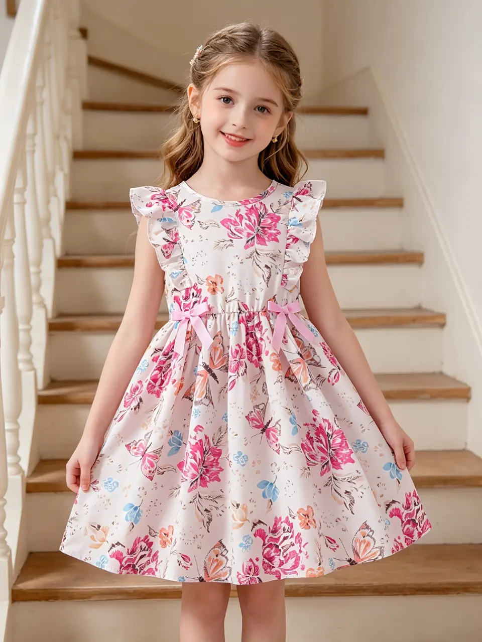 Girls Floral Print Flutter Sleeve Party Dress