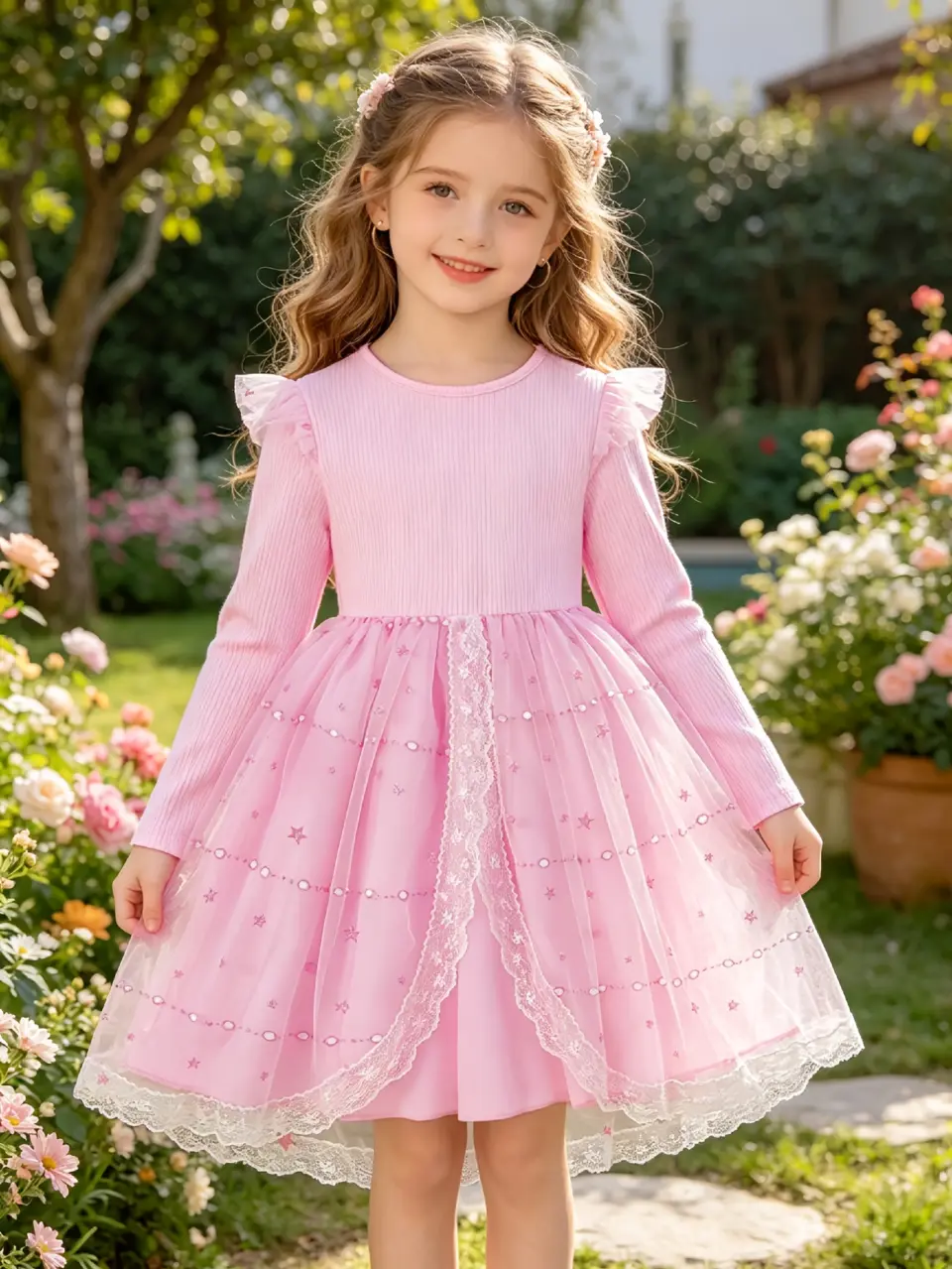 Girls Long Sleeve Ribbed Lace Tulle Dress