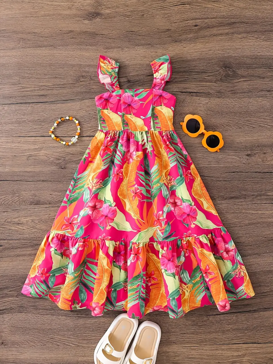 Girls Tropical Floral Ruffle Collar Vacation Dress