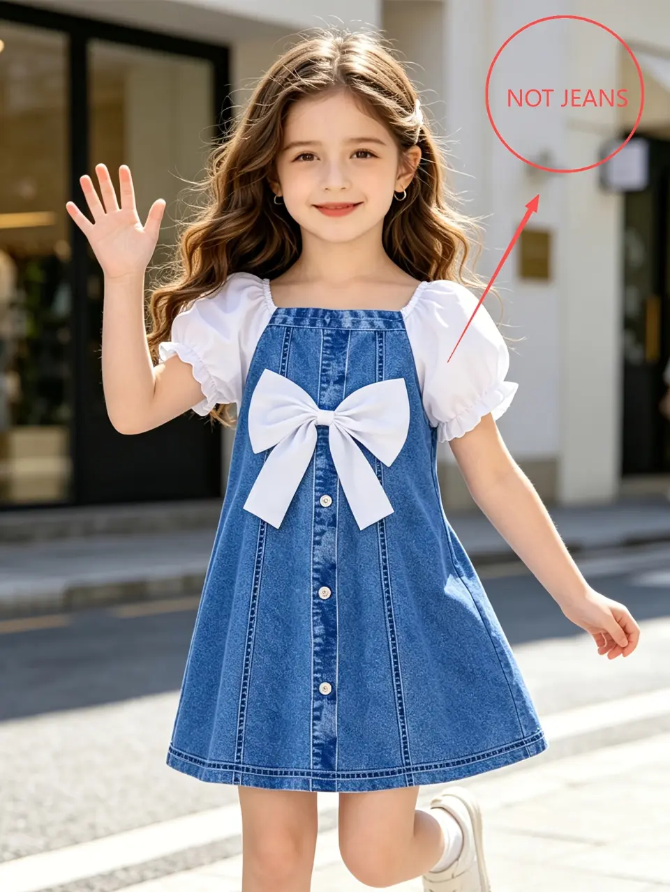 Girls Denim-Look Puff Sleeve Dress with Big Bow