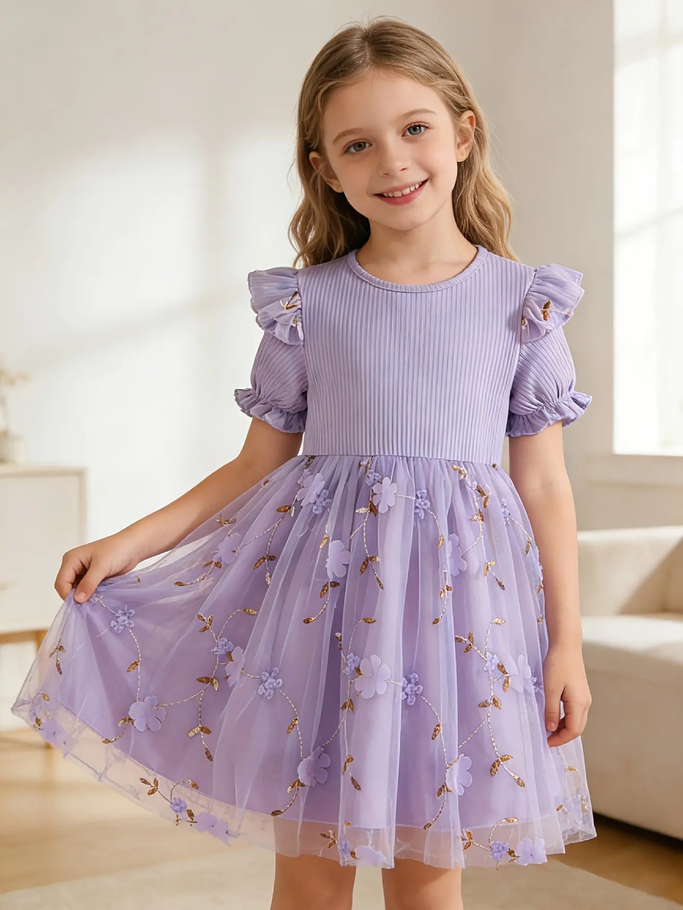 Detail 11 of Girls Embroidered Floral Tulle Dress in Purple, Pink or Blue by LUNORIANA