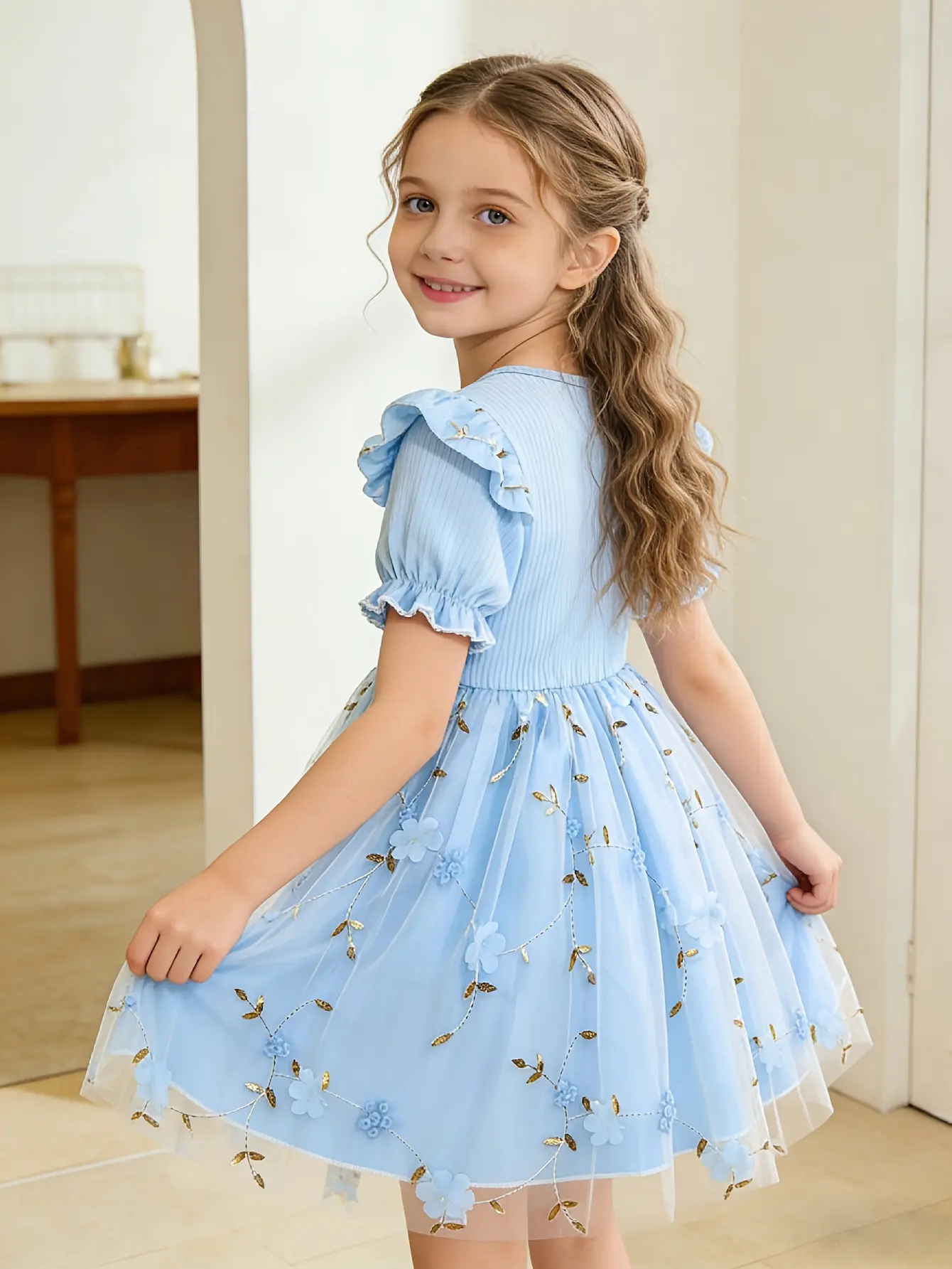Detail 19 of Girls Embroidered Floral Tulle Dress in Purple, Pink or Blue by LUNORIANA