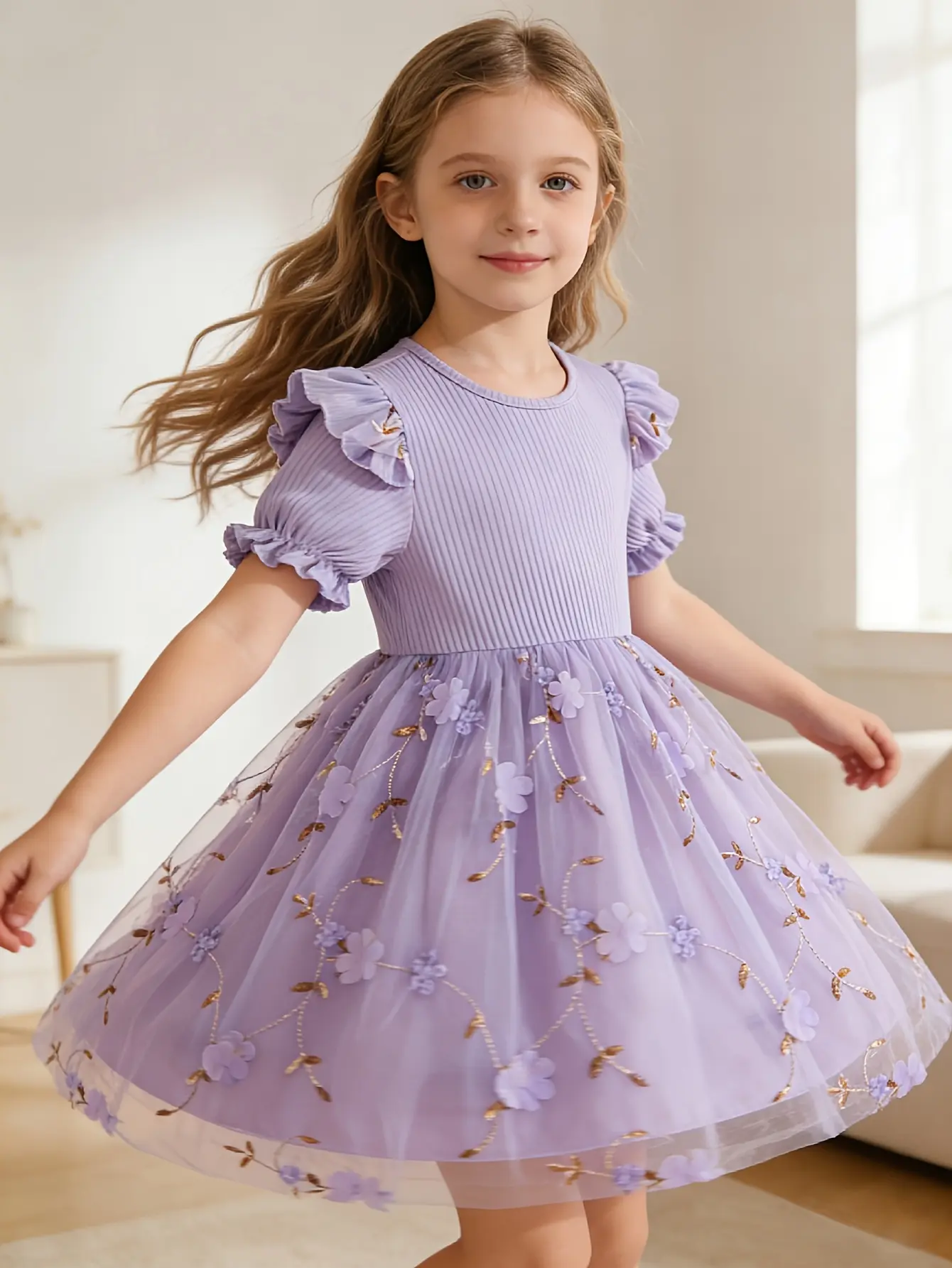 Detail 10 of Girls Embroidered Floral Tulle Dress in Purple, Pink or Blue by LUNORIANA