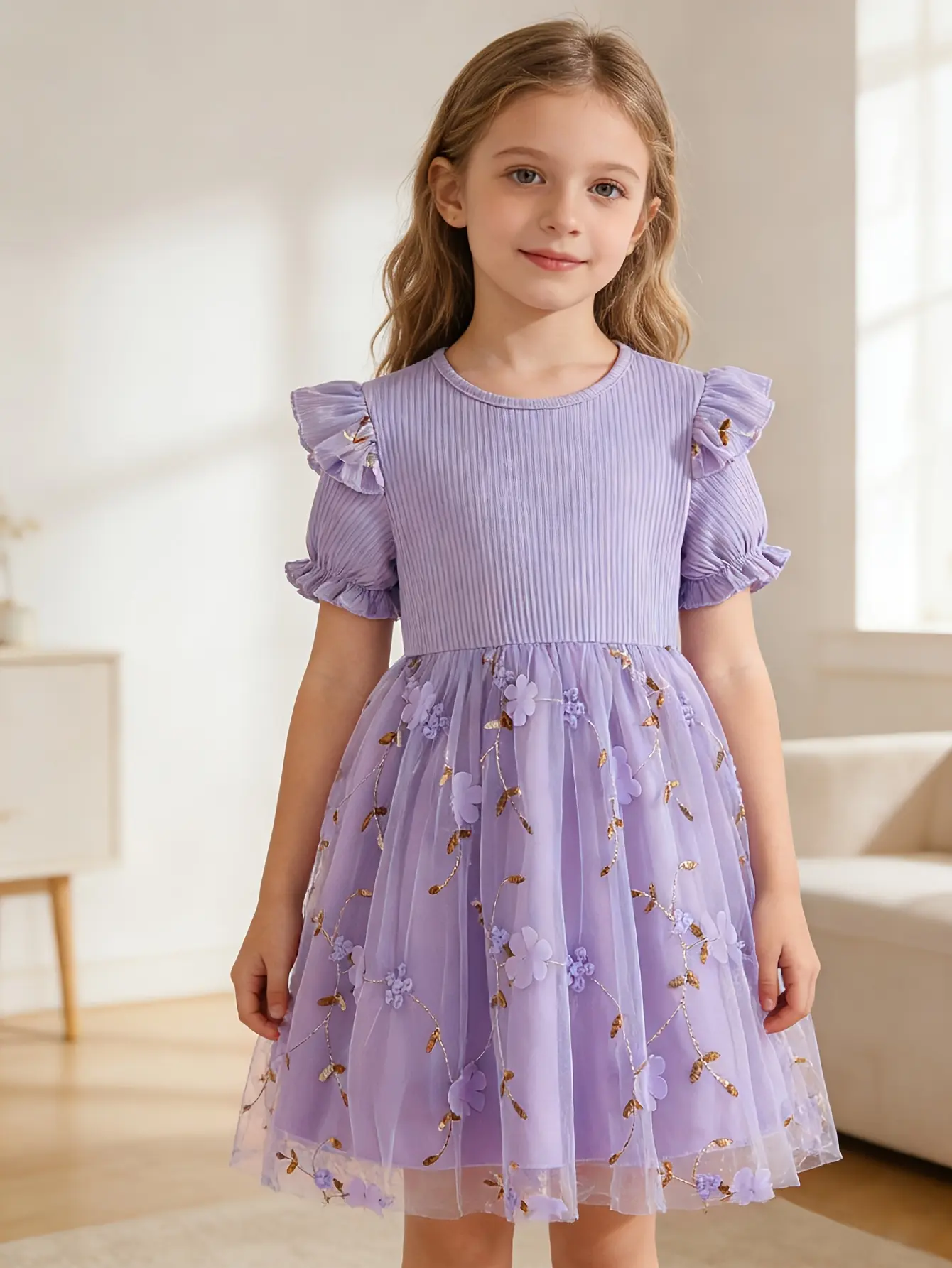 Detail 13 of Girls Embroidered Floral Tulle Dress in Purple, Pink or Blue by LUNORIANA