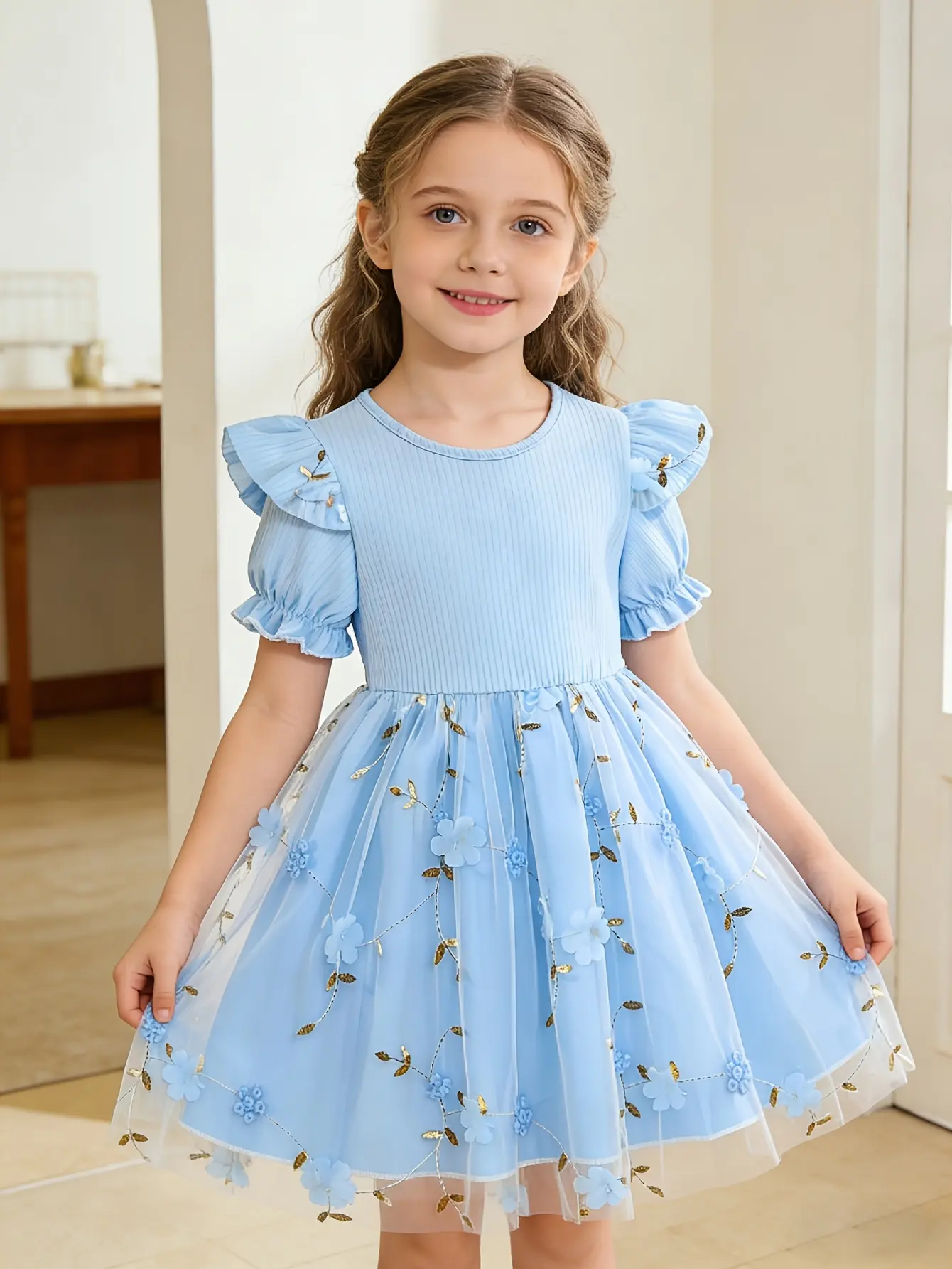 Girls Embroidered Floral Tulle Dress in Purple, Pink or Blue