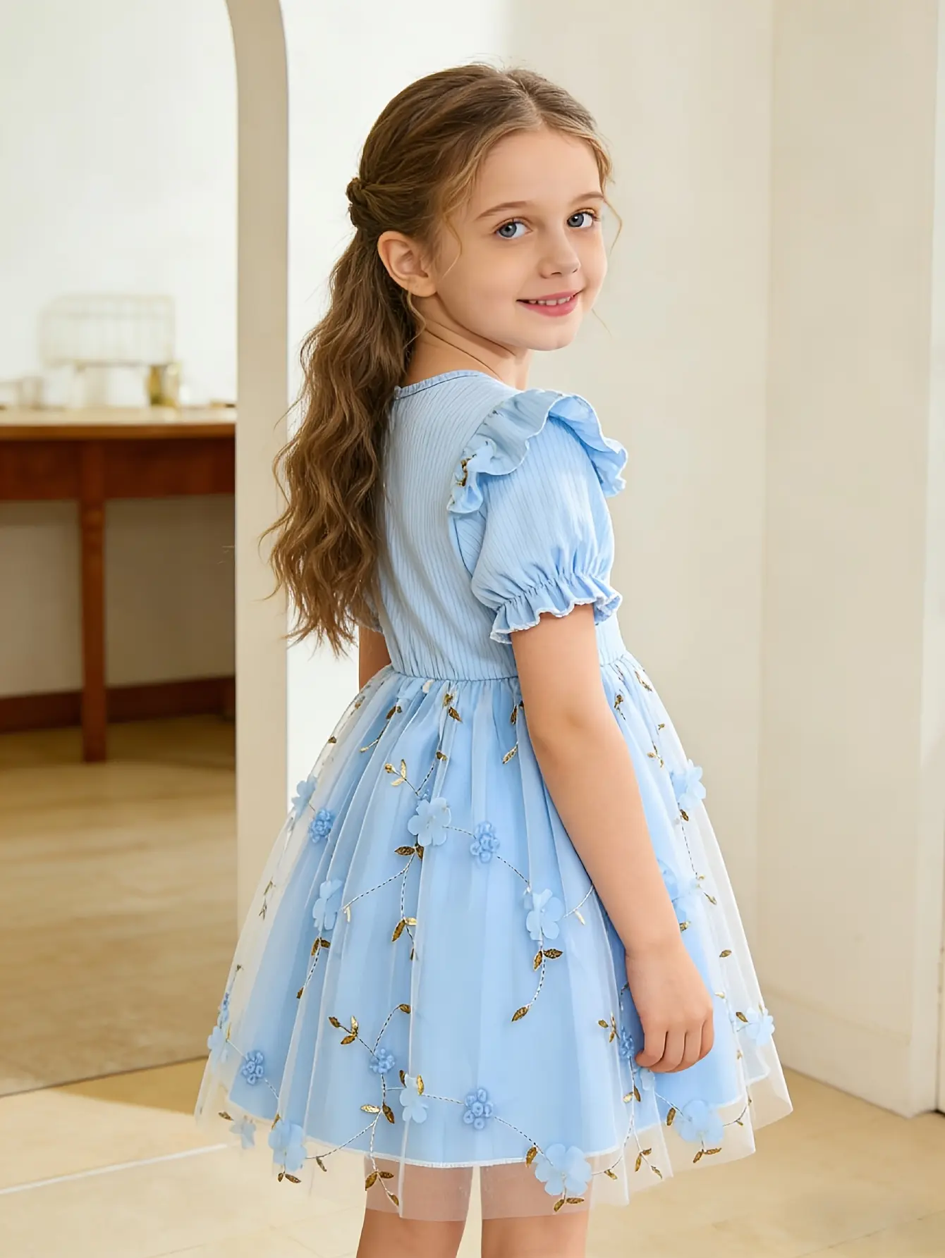 Detail 22 of Girls Embroidered Floral Tulle Dress in Purple, Pink or Blue by LUNORIANA