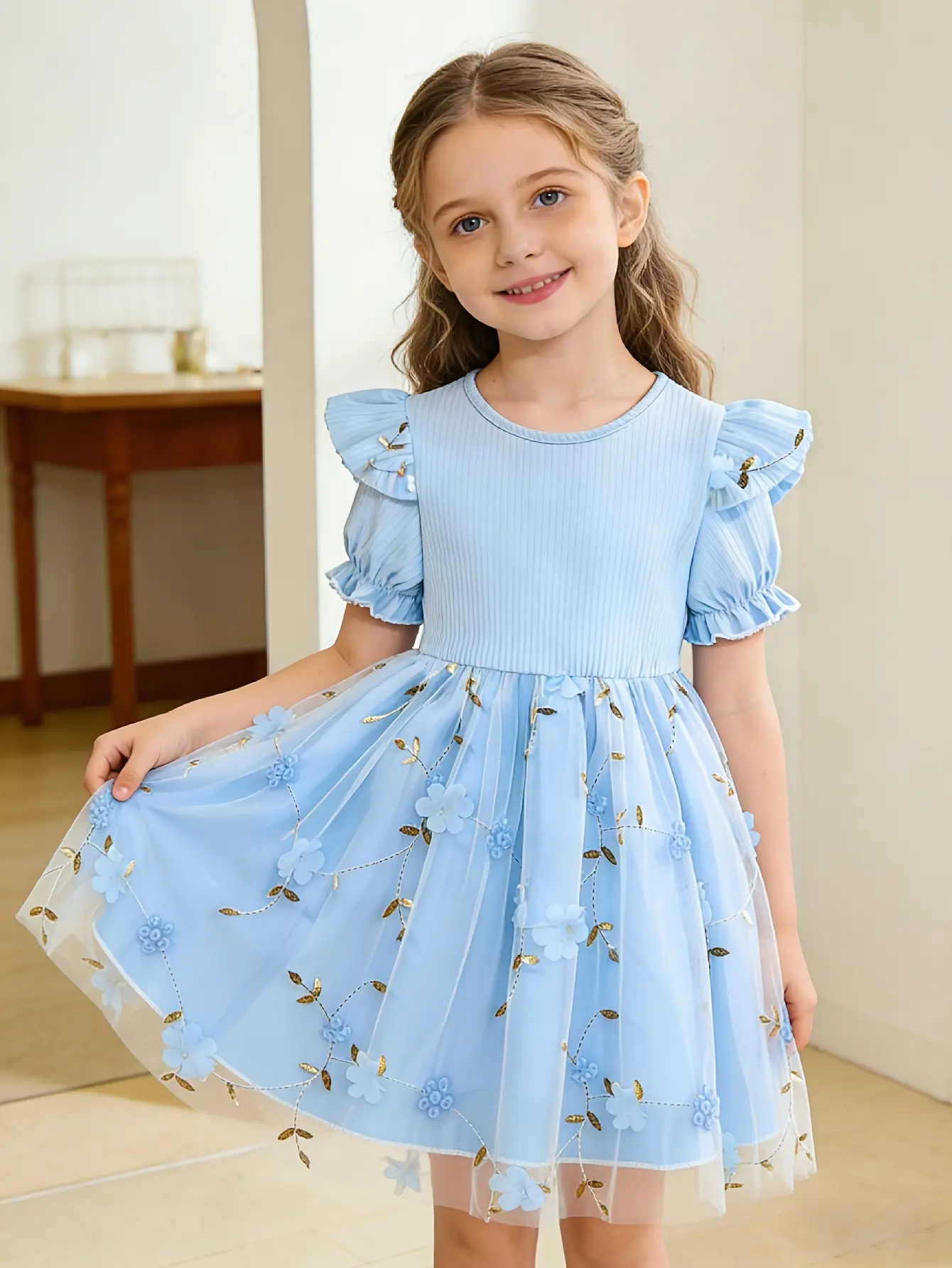 Detail 21 of Girls Embroidered Floral Tulle Dress in Purple, Pink or Blue by LUNORIANA