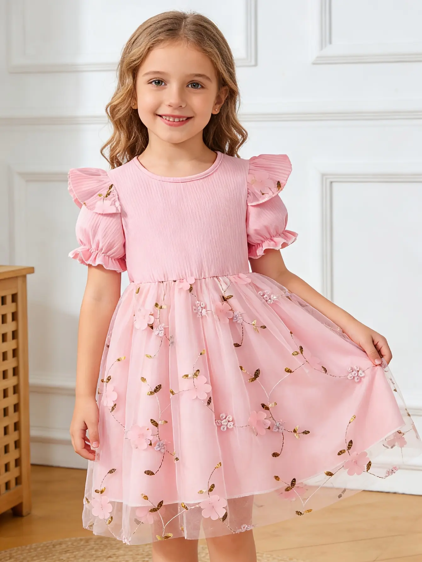 Detail 16 of Girls Embroidered Floral Tulle Dress in Purple, Pink or Blue by LUNORIANA