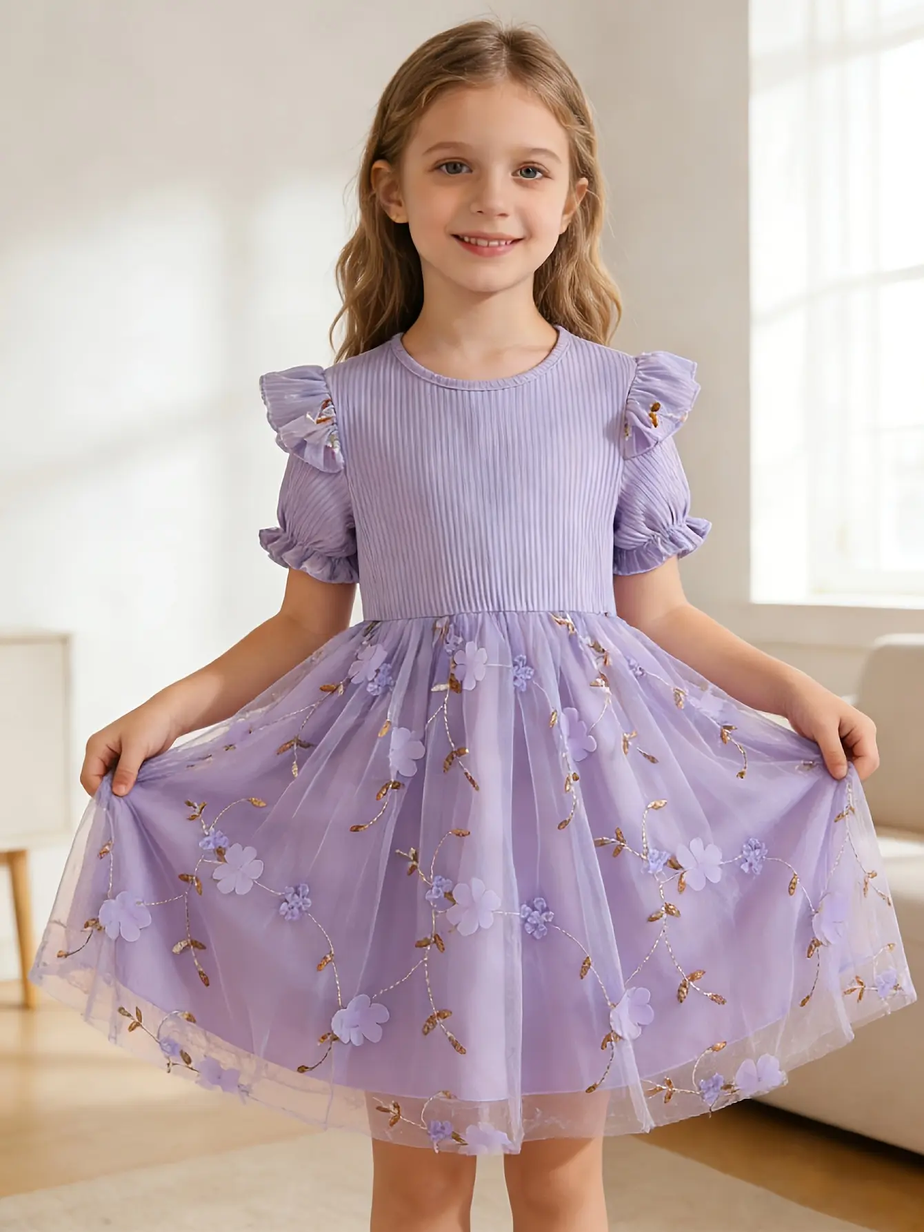 Girls Embroidered Floral Tulle Dress in Purple, Pink or Blue