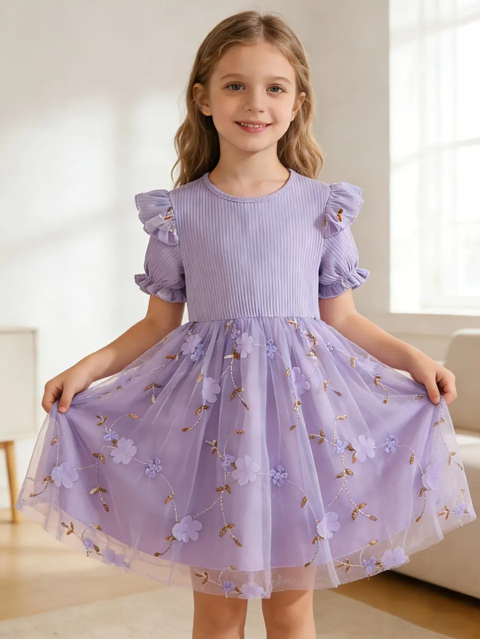 Girls Embroidered Floral Tulle Dress in Purple, Pink or Blue