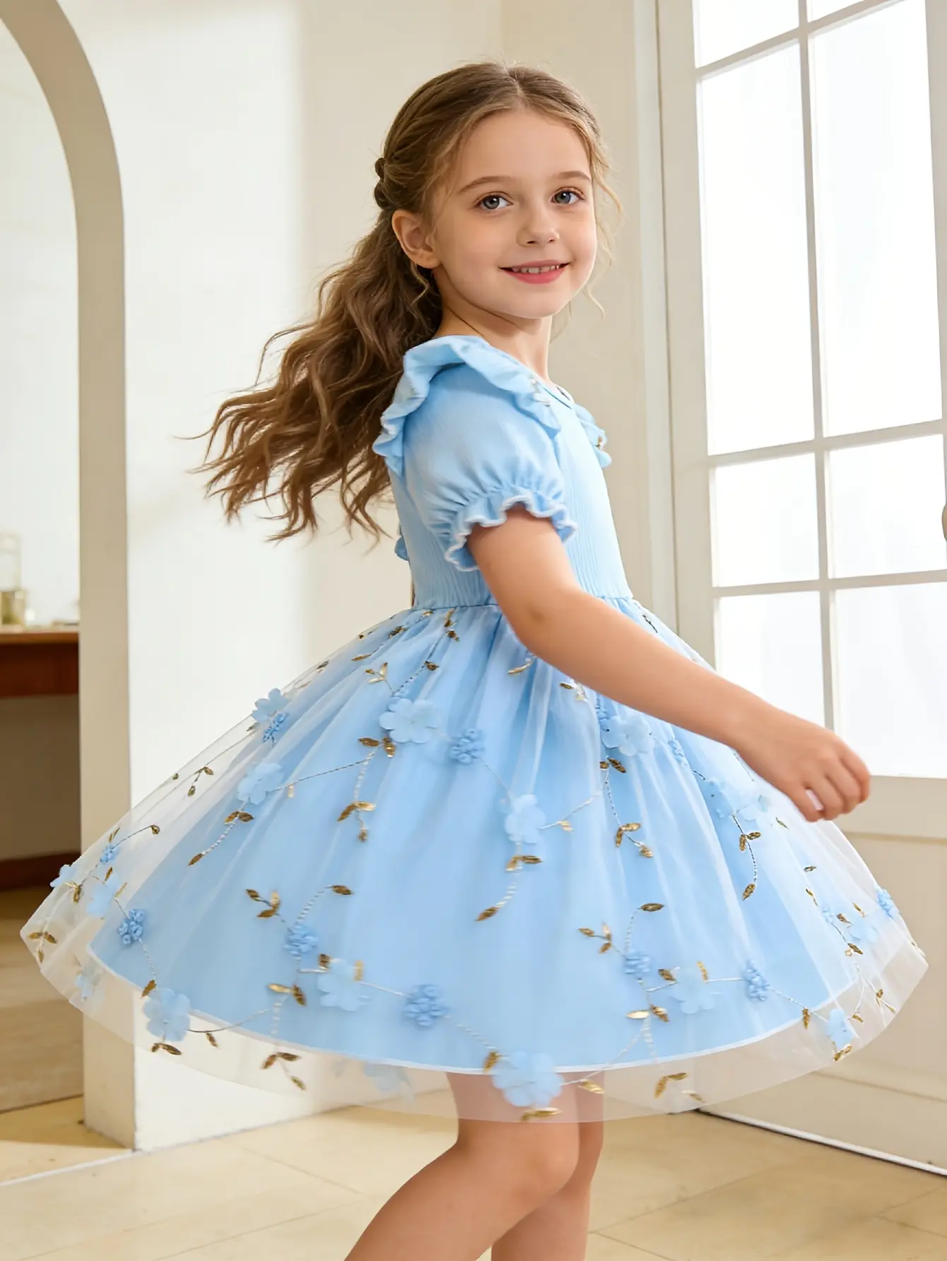 Detail 20 of Girls Embroidered Floral Tulle Dress in Purple, Pink or Blue by LUNORIANA