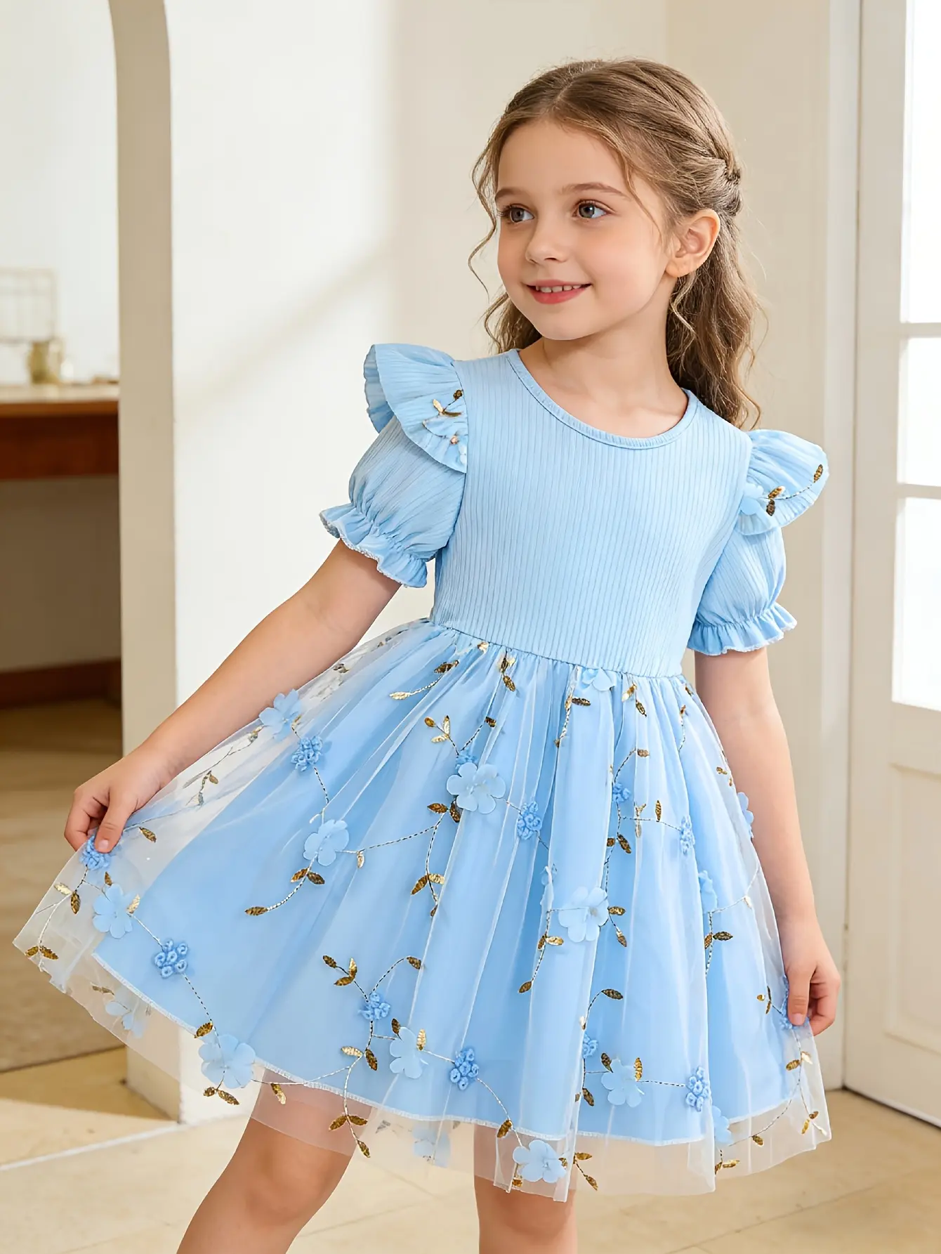 Detail 23 of Girls Embroidered Floral Tulle Dress in Purple, Pink or Blue by LUNORIANA