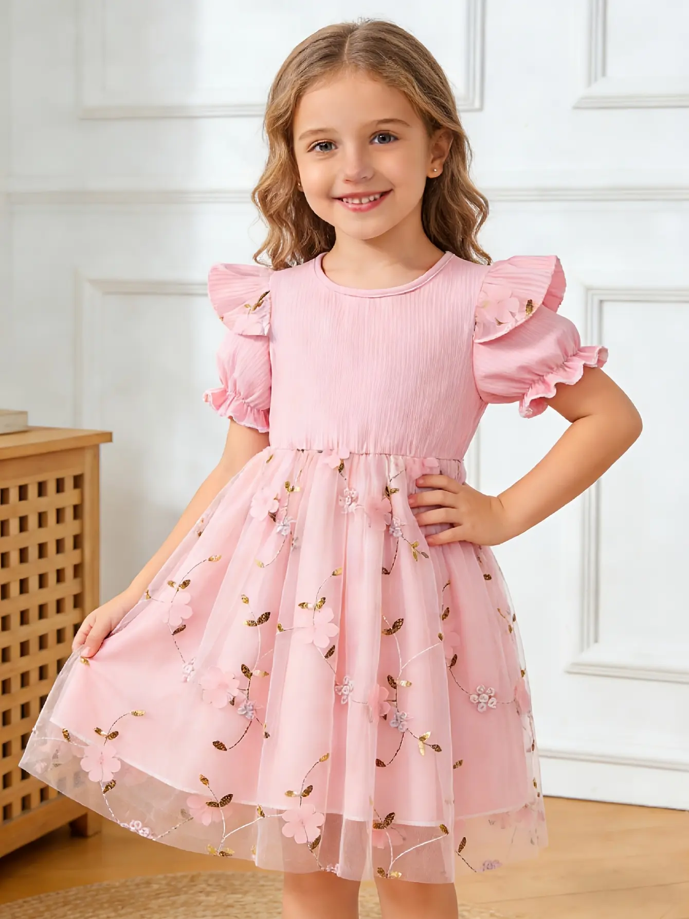 Detail 18 of Girls Embroidered Floral Tulle Dress in Purple, Pink or Blue by LUNORIANA