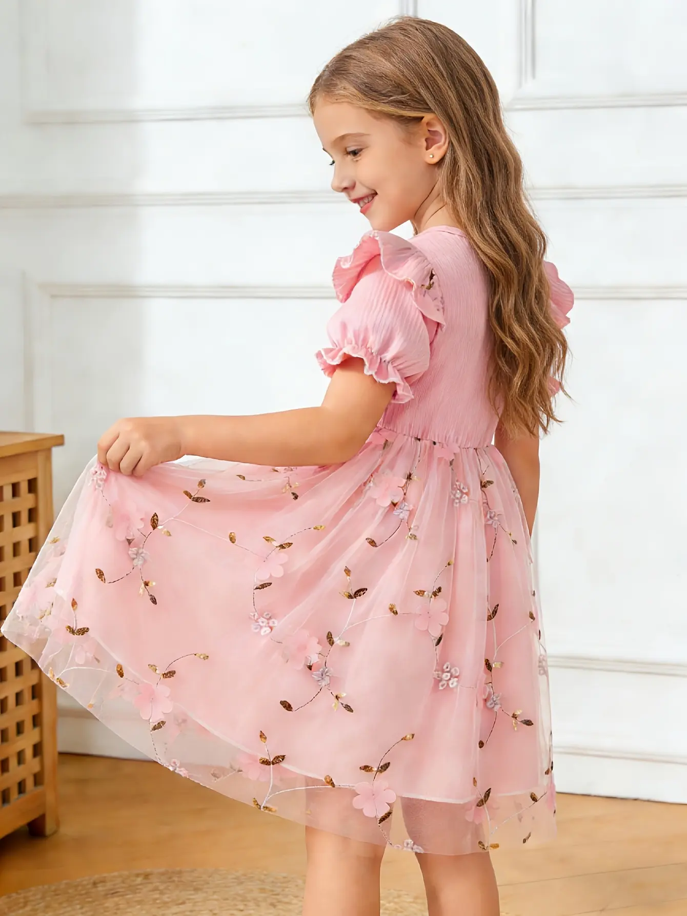 Detail 14 of Girls Embroidered Floral Tulle Dress in Purple, Pink or Blue by LUNORIANA