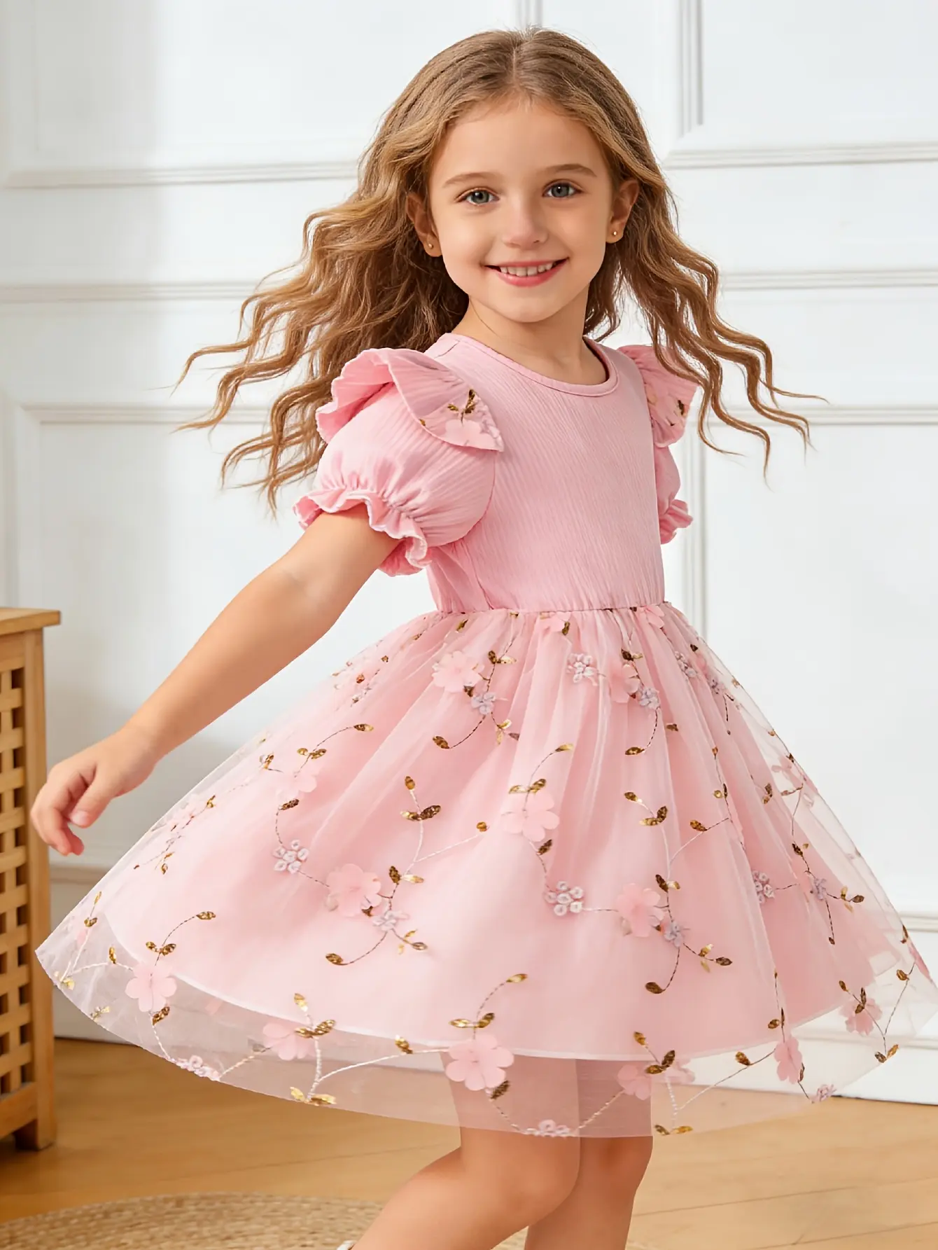 Detail 15 of Girls Embroidered Floral Tulle Dress in Purple, Pink or Blue by LUNORIANA