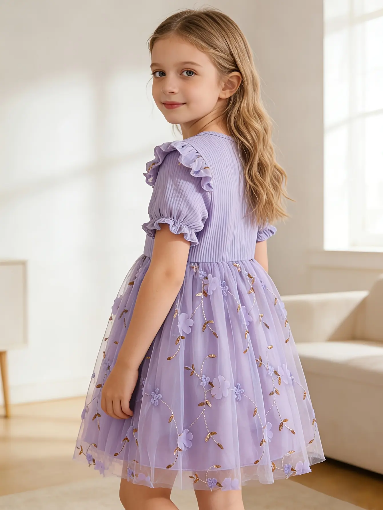 Detail 9 of Girls Embroidered Floral Tulle Dress in Purple, Pink or Blue by LUNORIANA