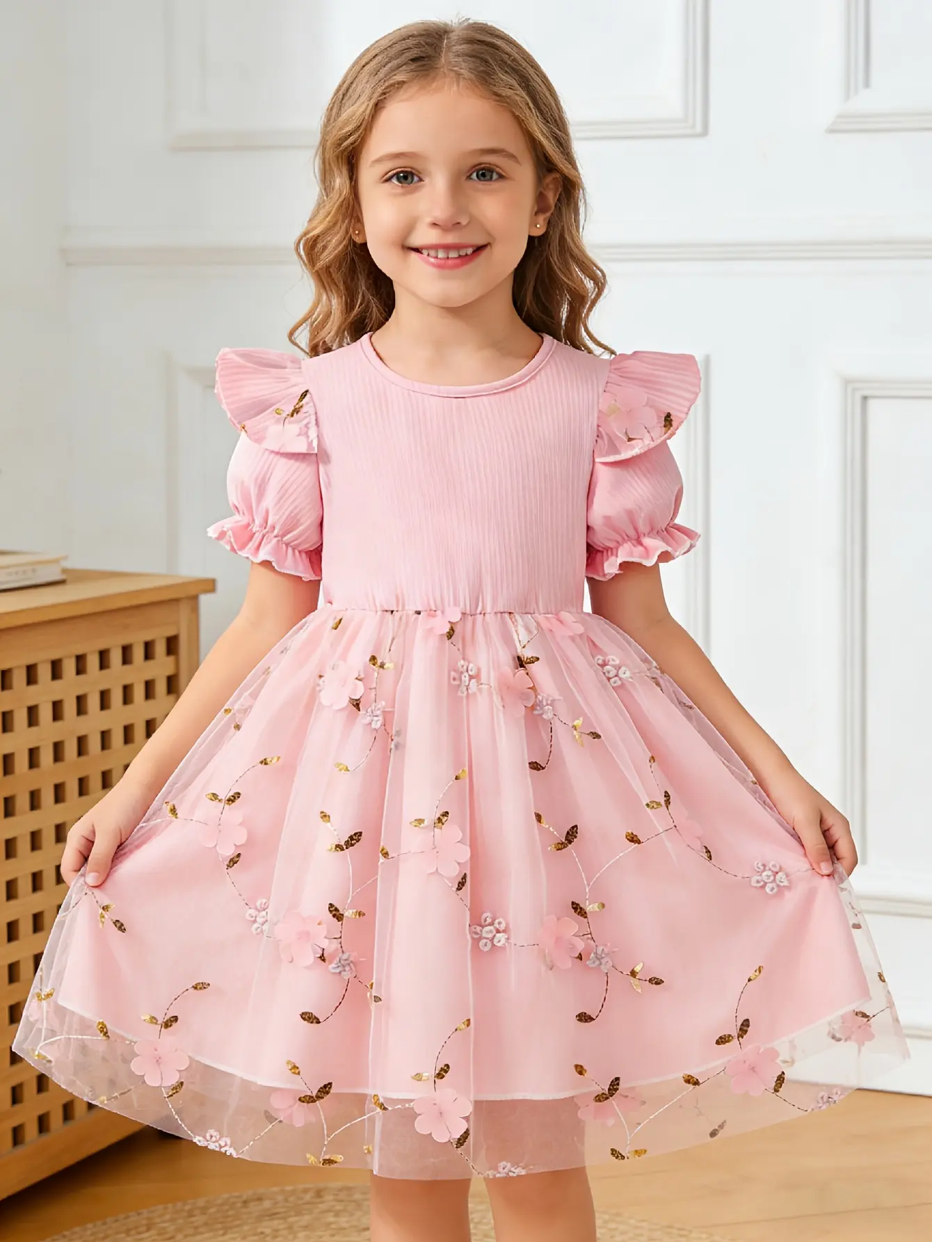 Girls Embroidered Floral Tulle Dress in Purple, Pink or Blue