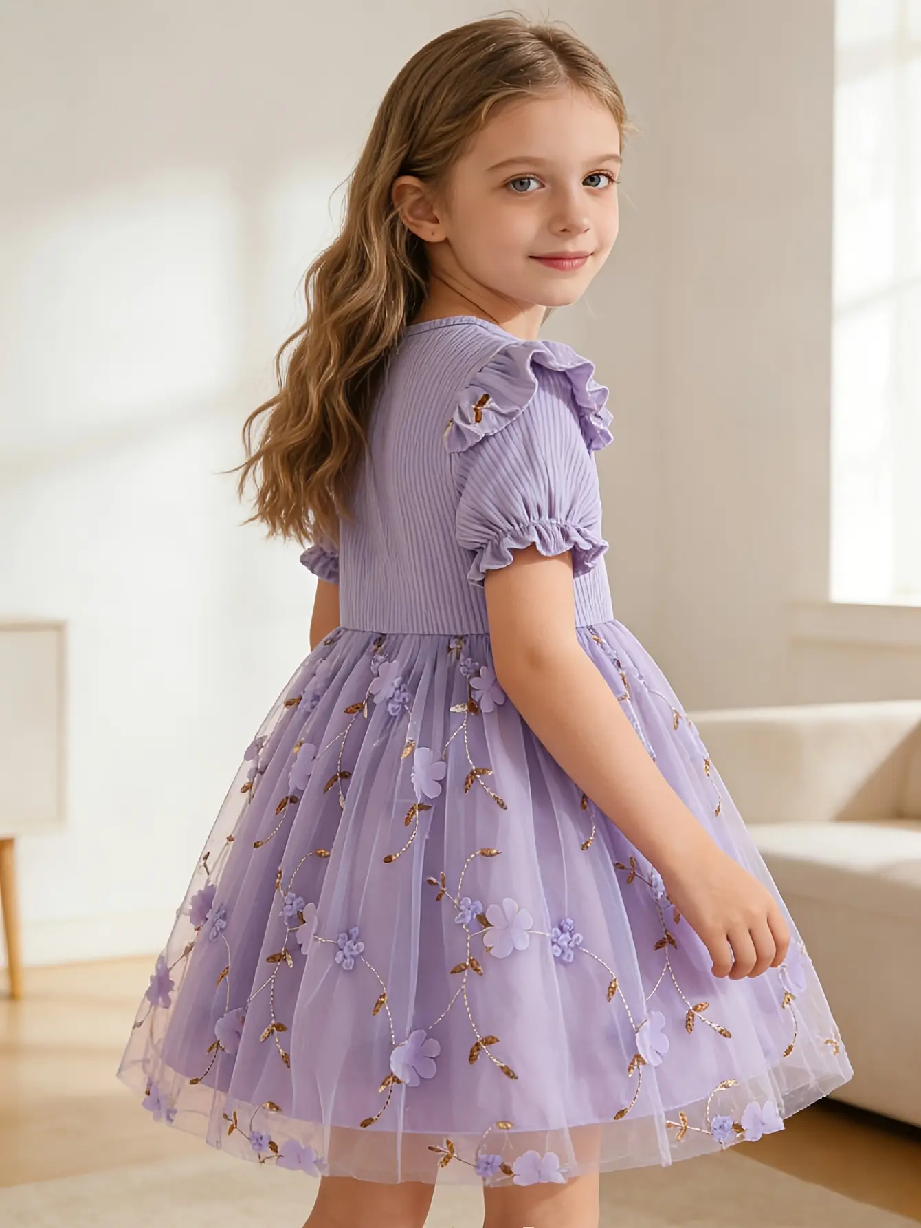 Detail 12 of Girls Embroidered Floral Tulle Dress in Purple, Pink or Blue by LUNORIANA