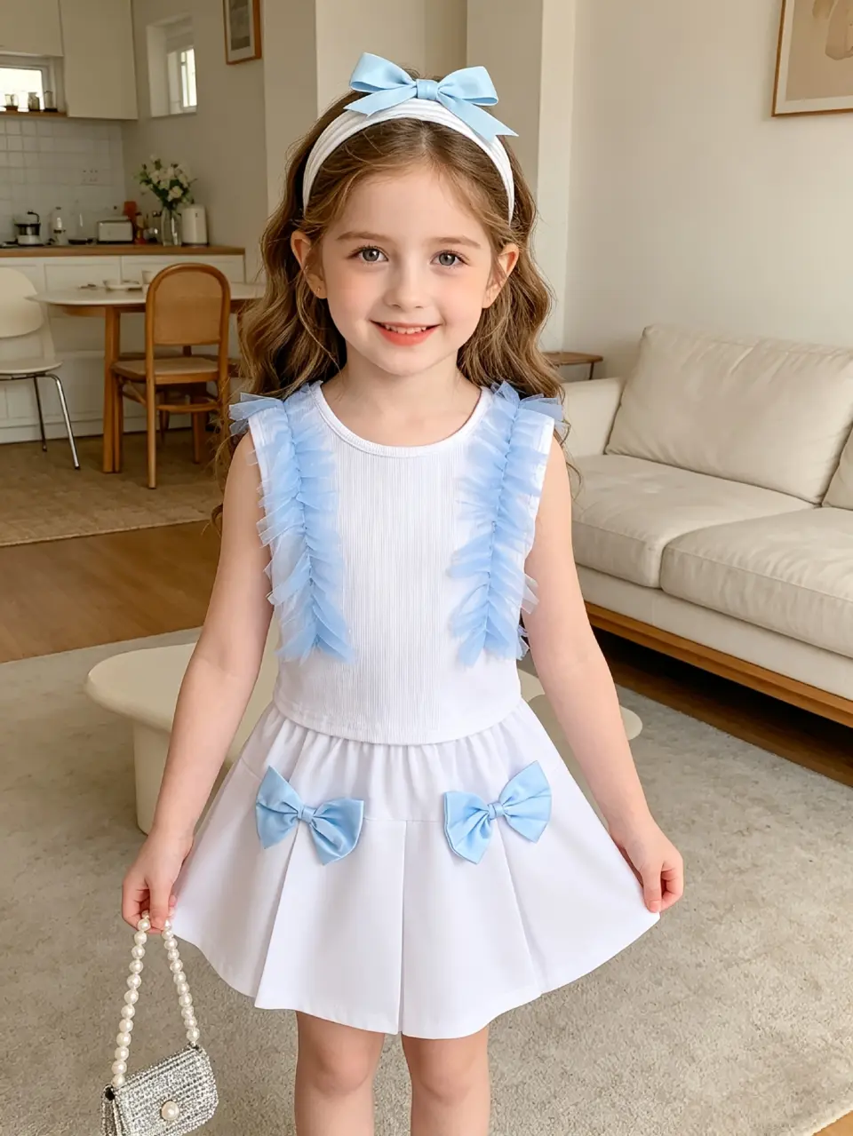 Girls White Tank Top and Blue Tulle Bow Skirt Set