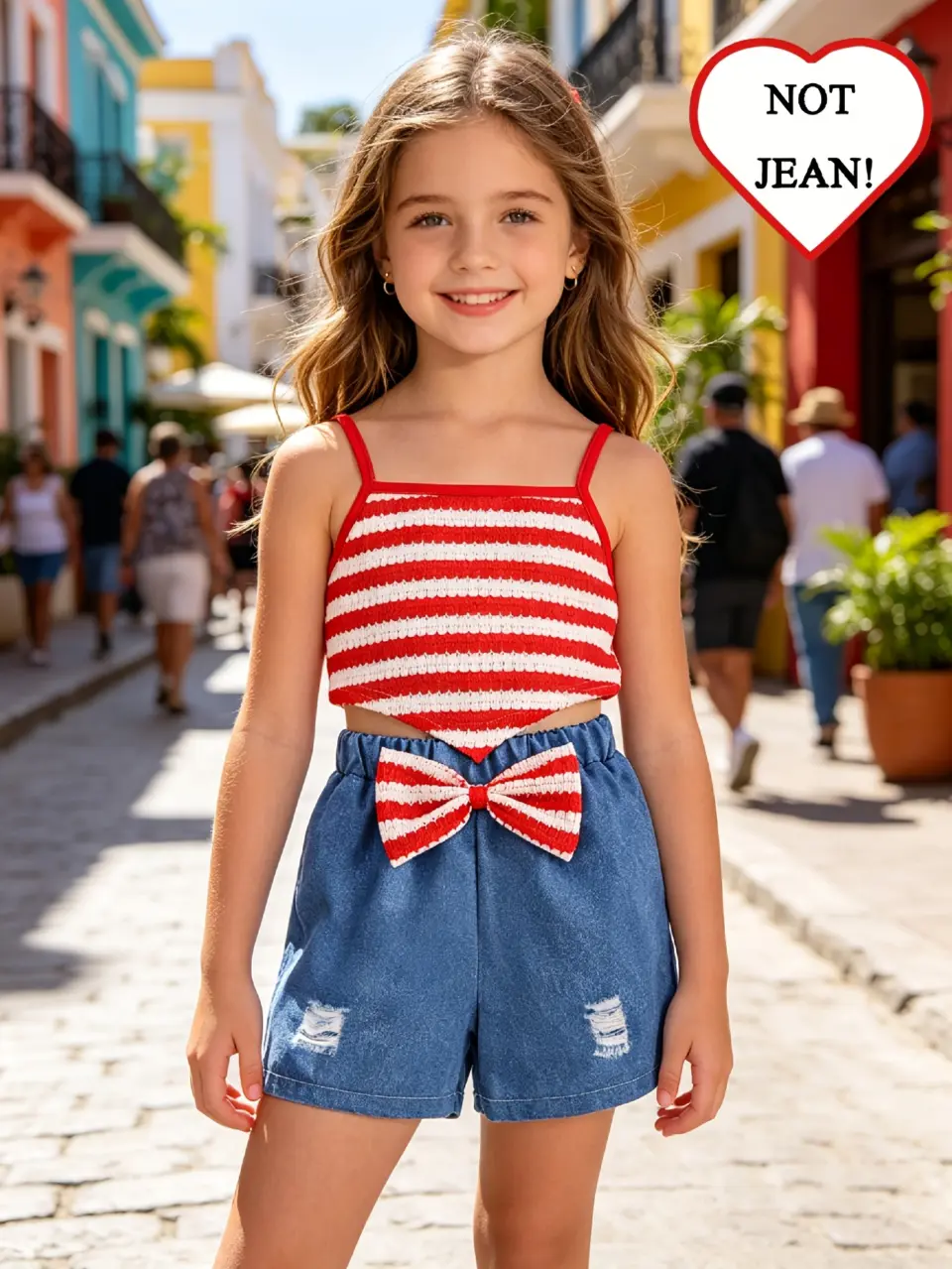 Girls Red Stripe Knit Top and Denim-Look Shorts Set