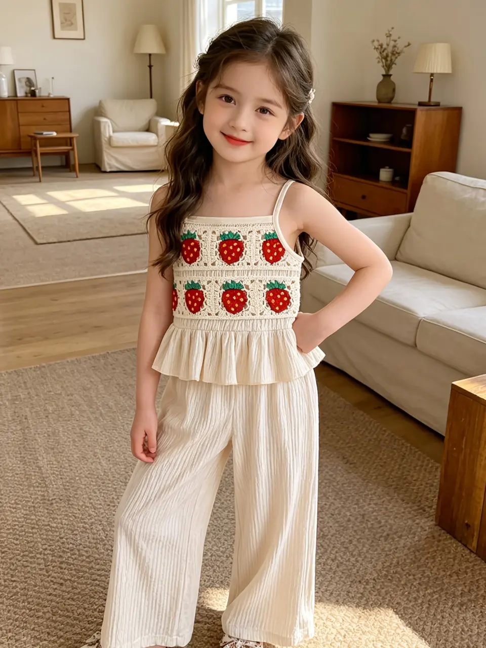 Girls Strawberry Crochet Cami Top and Wide Leg Pants Set