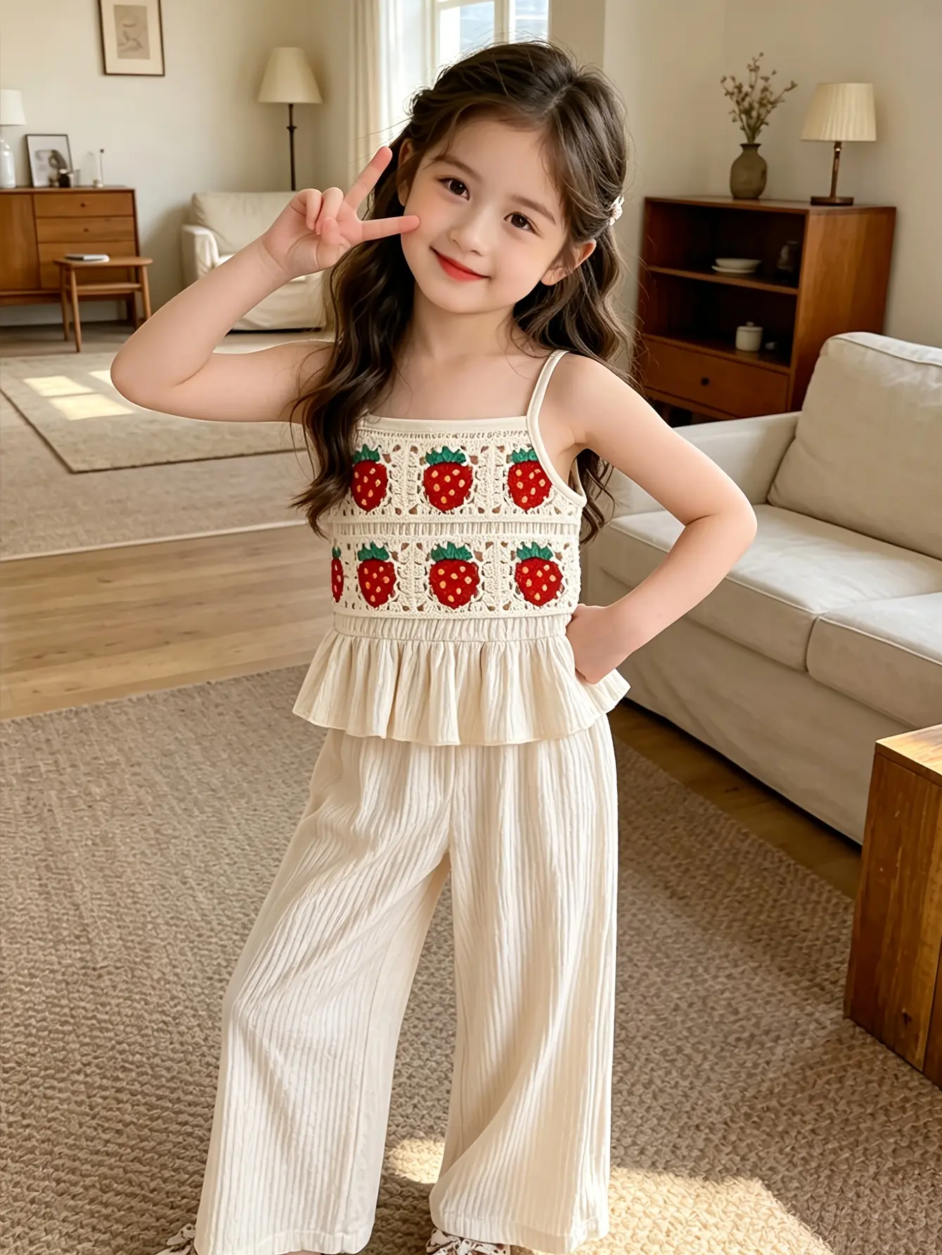 Detail 1 of Girls Strawberry Crochet Cami Top and Wide Leg Pants Set by LUNORIANA