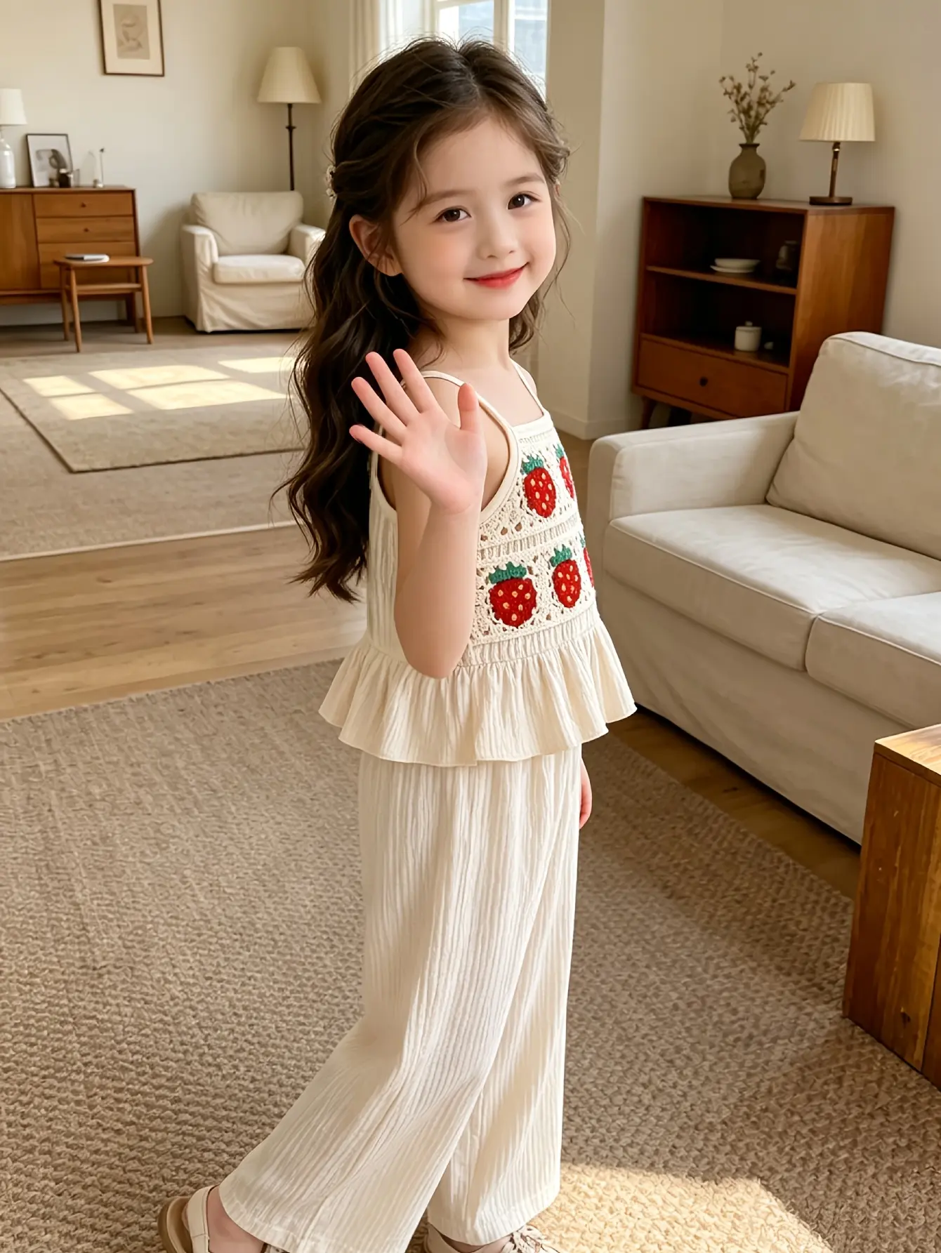 Detail 4 of Girls Strawberry Crochet Cami Top and Wide Leg Pants Set by LUNORIANA