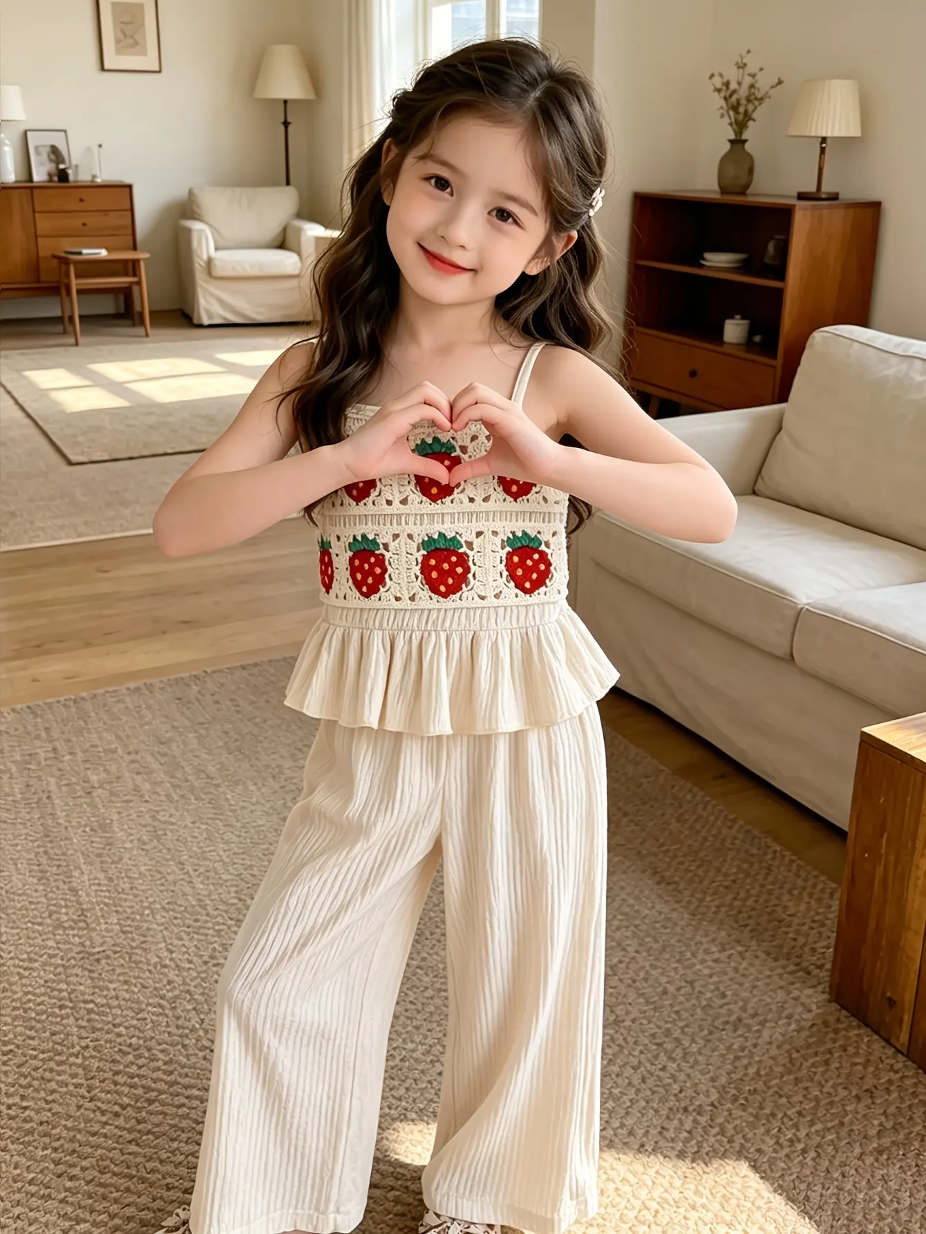Detail 2 of Girls Strawberry Crochet Cami Top and Wide Leg Pants Set by LUNORIANA