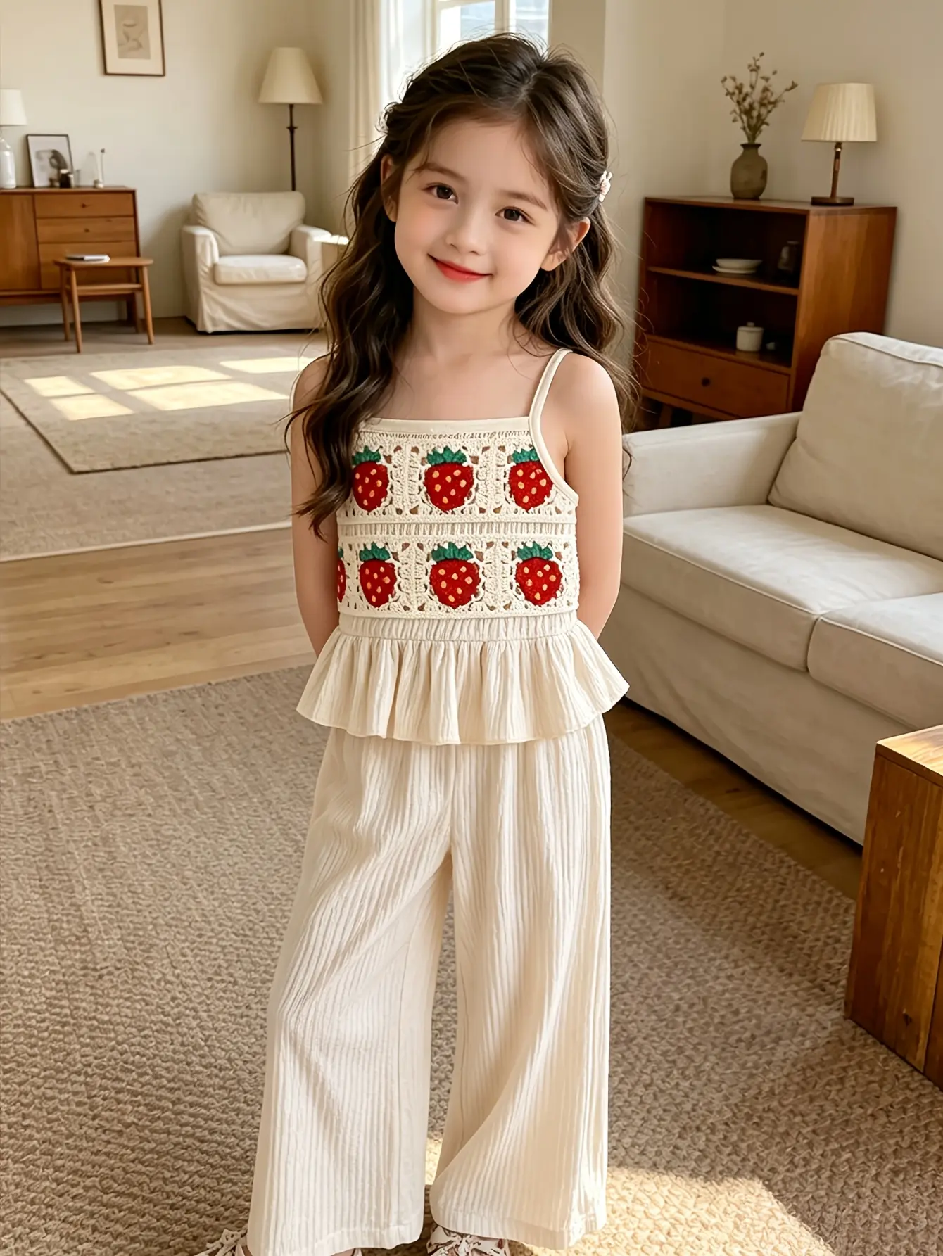 Detail 5 of Girls Strawberry Crochet Cami Top and Wide Leg Pants Set by LUNORIANA