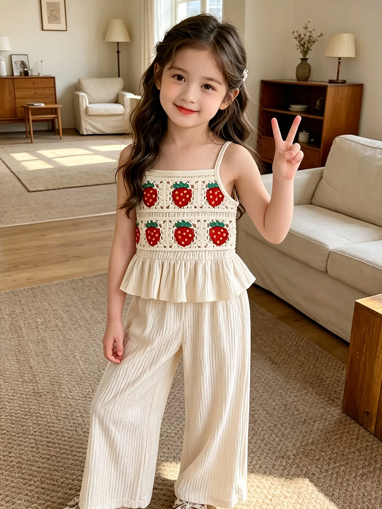 Detail 6 of Girls Strawberry Crochet Cami Top and Wide Leg Pants Set by LUNORIANA