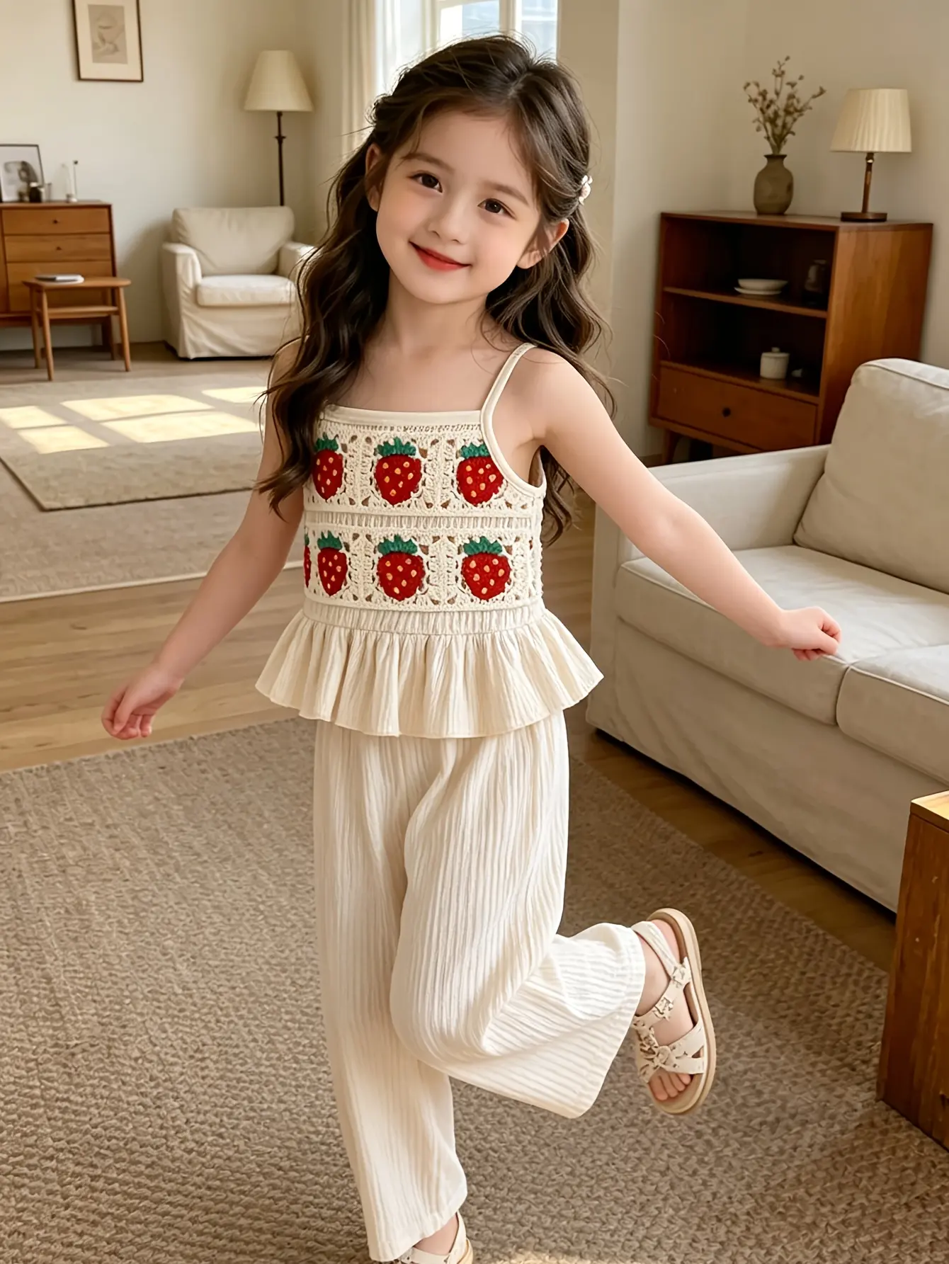 Detail 3 of Girls Strawberry Crochet Cami Top and Wide Leg Pants Set by LUNORIANA