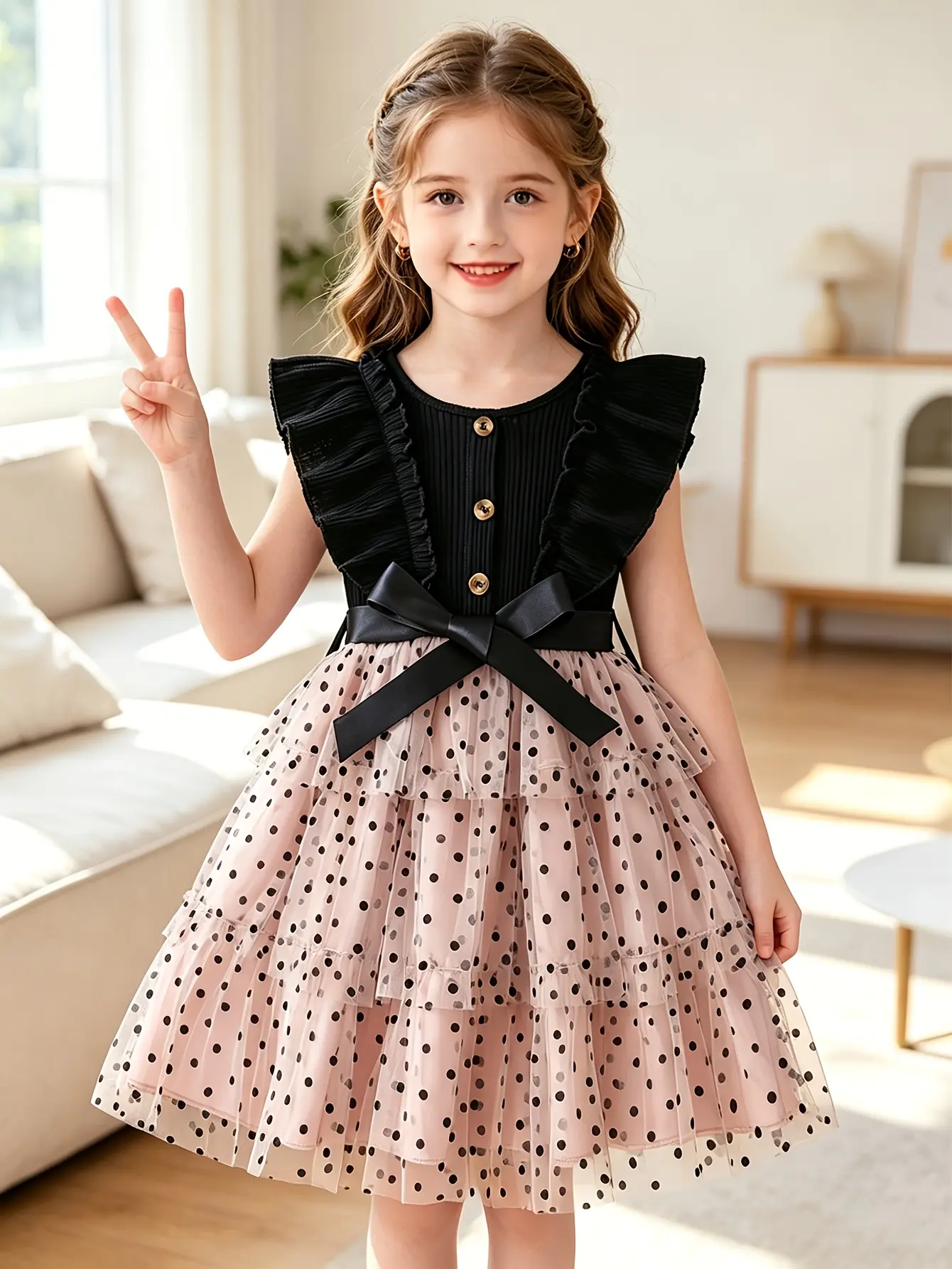 Detail 10 of Girls Ribbed Button Dress with Polka Dot Velvet Skirt by LUNORIANA