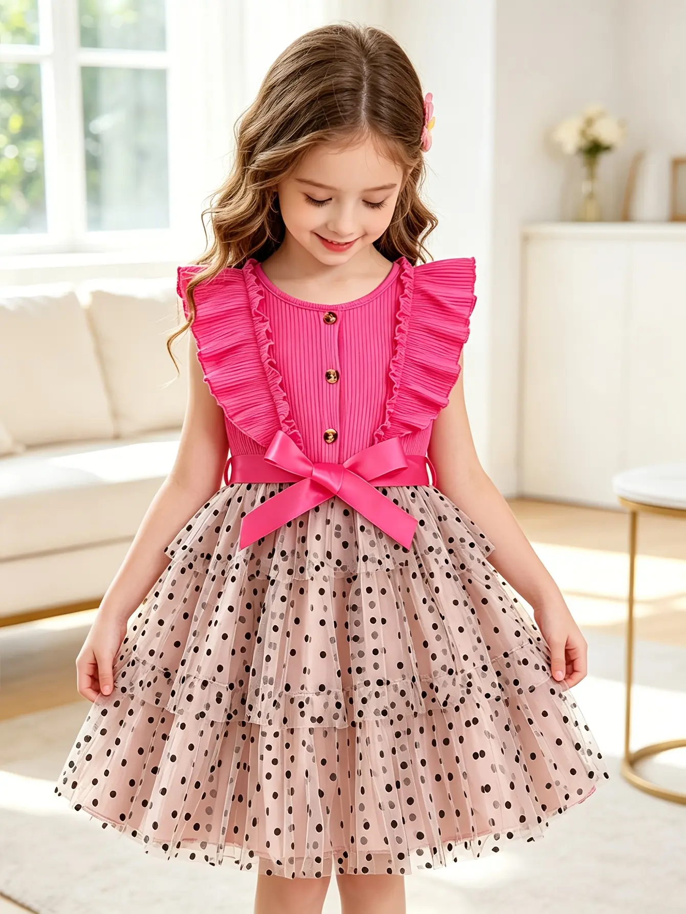 Detail 4 of Girls Ribbed Button Dress with Polka Dot Velvet Skirt by LUNORIANA