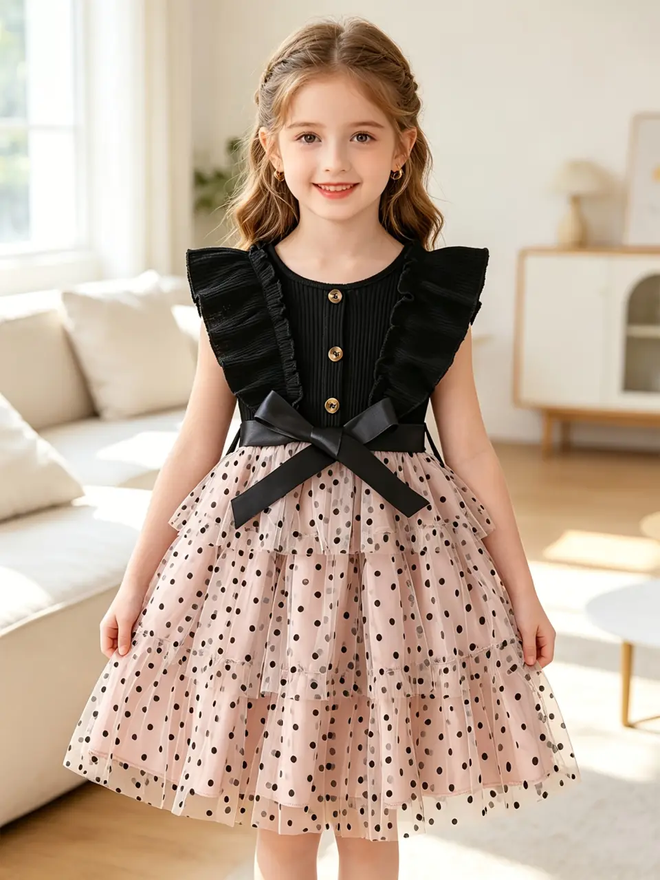 Girls Ribbed Button Dress with Polka Dot Velvet Skirt