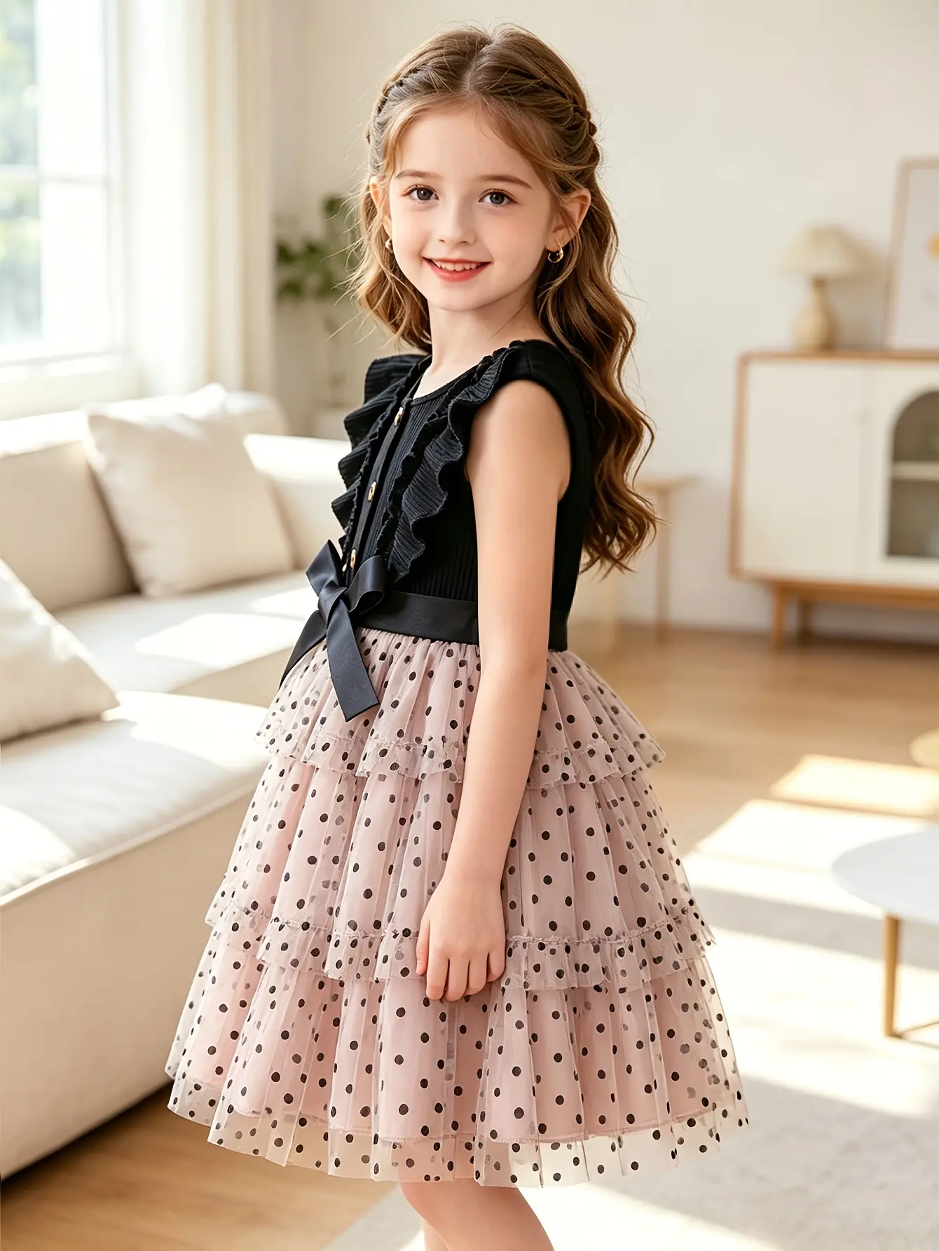 Detail 7 of Girls Ribbed Button Dress with Polka Dot Velvet Skirt by LUNORIANA