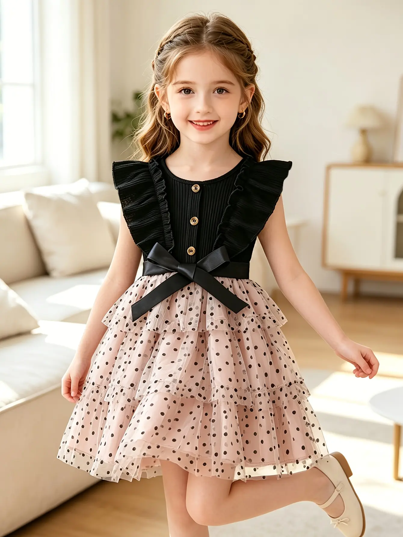 Detail 8 of Girls Ribbed Button Dress with Polka Dot Velvet Skirt by LUNORIANA