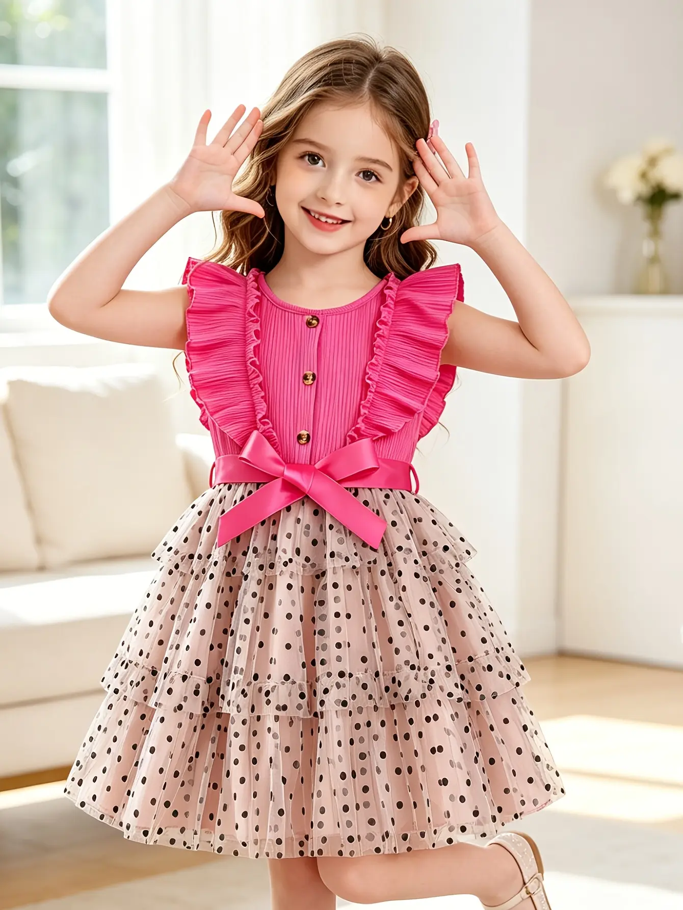 Detail 5 of Girls Ribbed Button Dress with Polka Dot Velvet Skirt by LUNORIANA