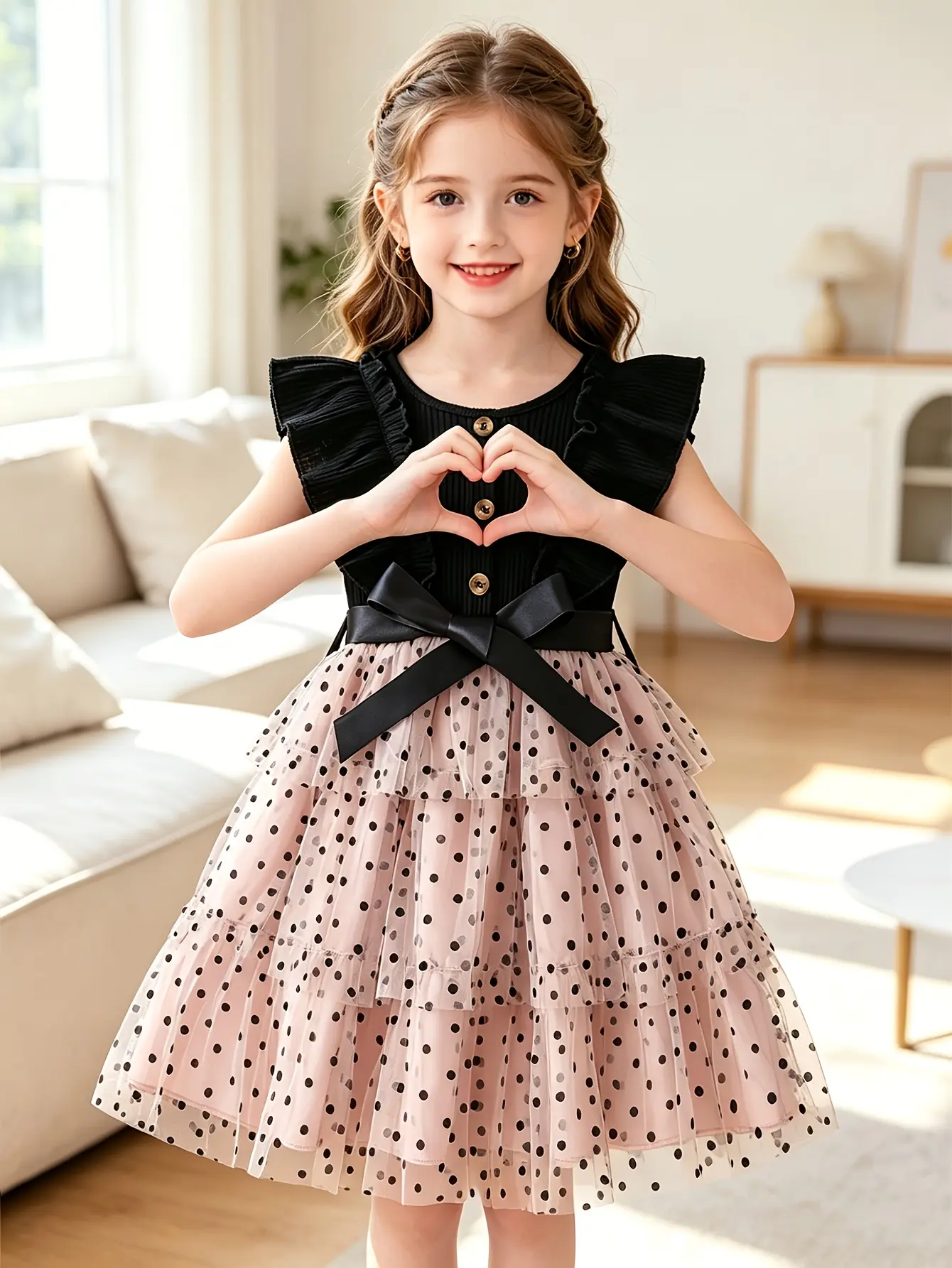 Detail 11 of Girls Ribbed Button Dress with Polka Dot Velvet Skirt by LUNORIANA