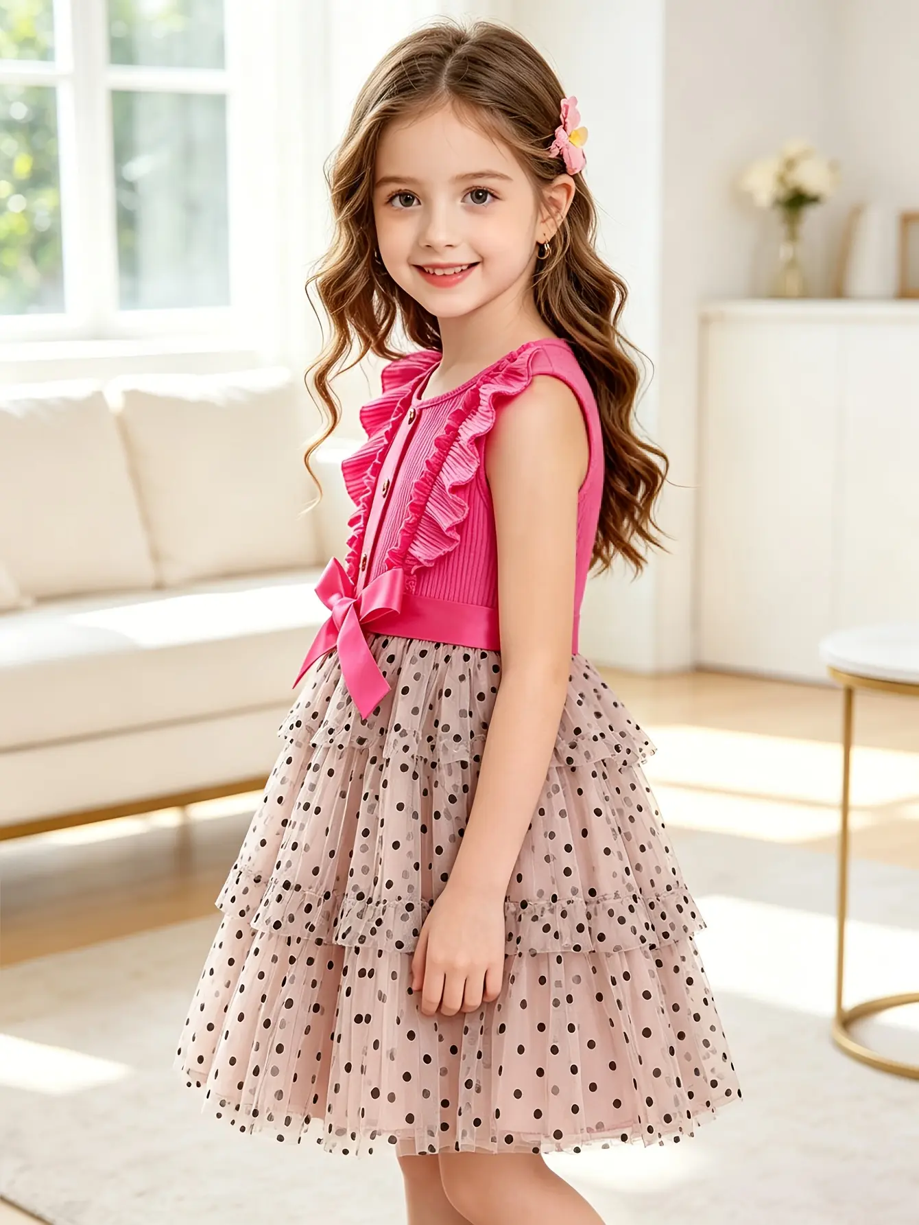 Detail 2 of Girls Ribbed Button Dress with Polka Dot Velvet Skirt by LUNORIANA