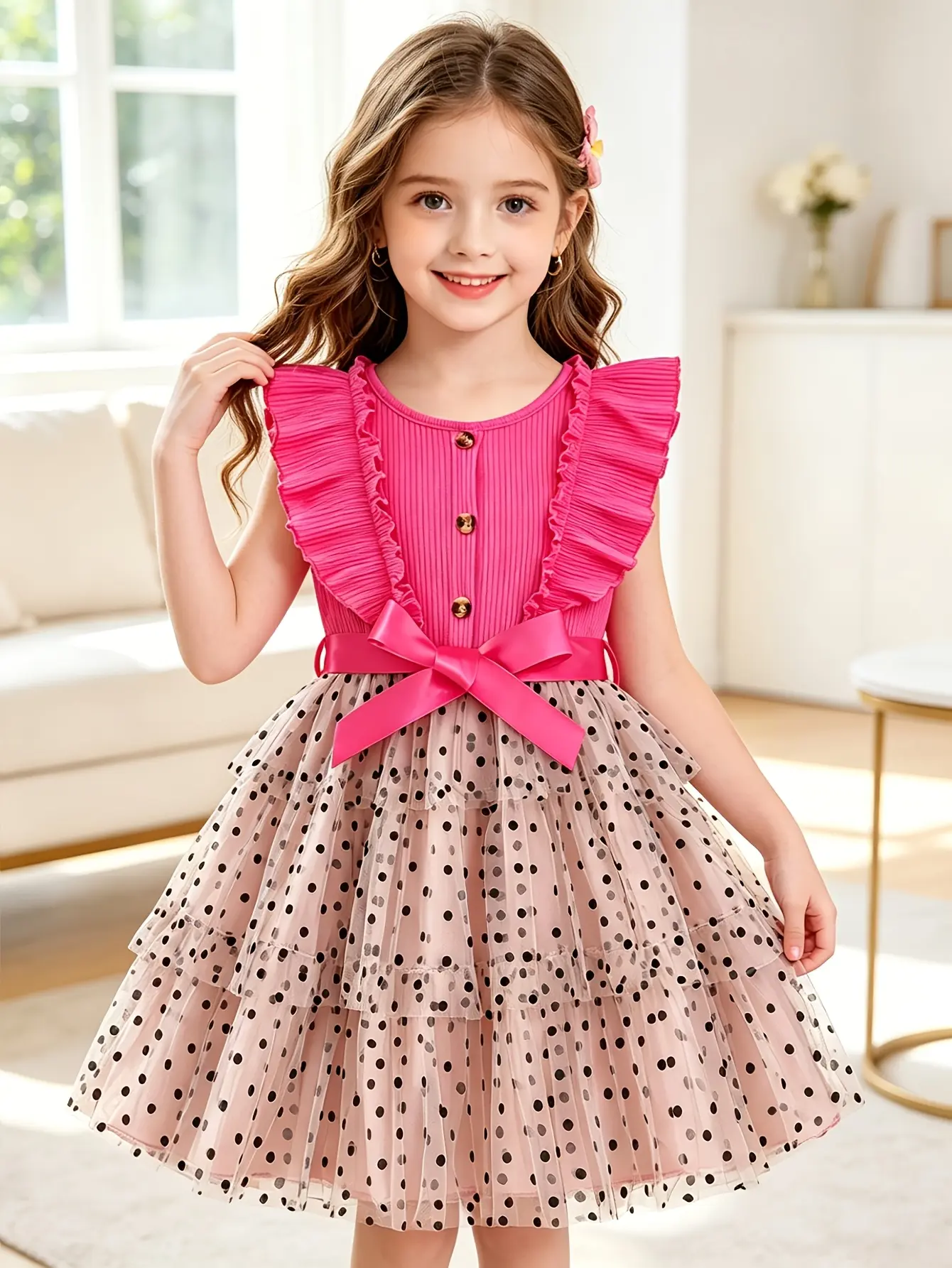 Detail 3 of Girls Ribbed Button Dress with Polka Dot Velvet Skirt by LUNORIANA