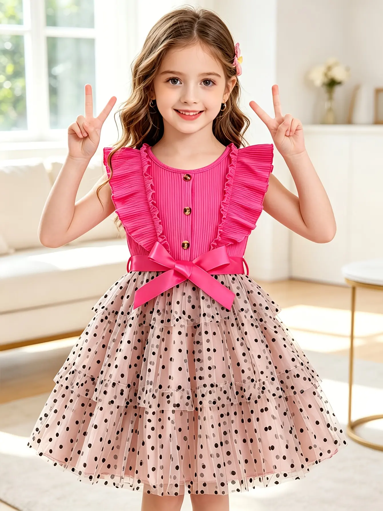Detail 6 of Girls Ribbed Button Dress with Polka Dot Velvet Skirt by LUNORIANA